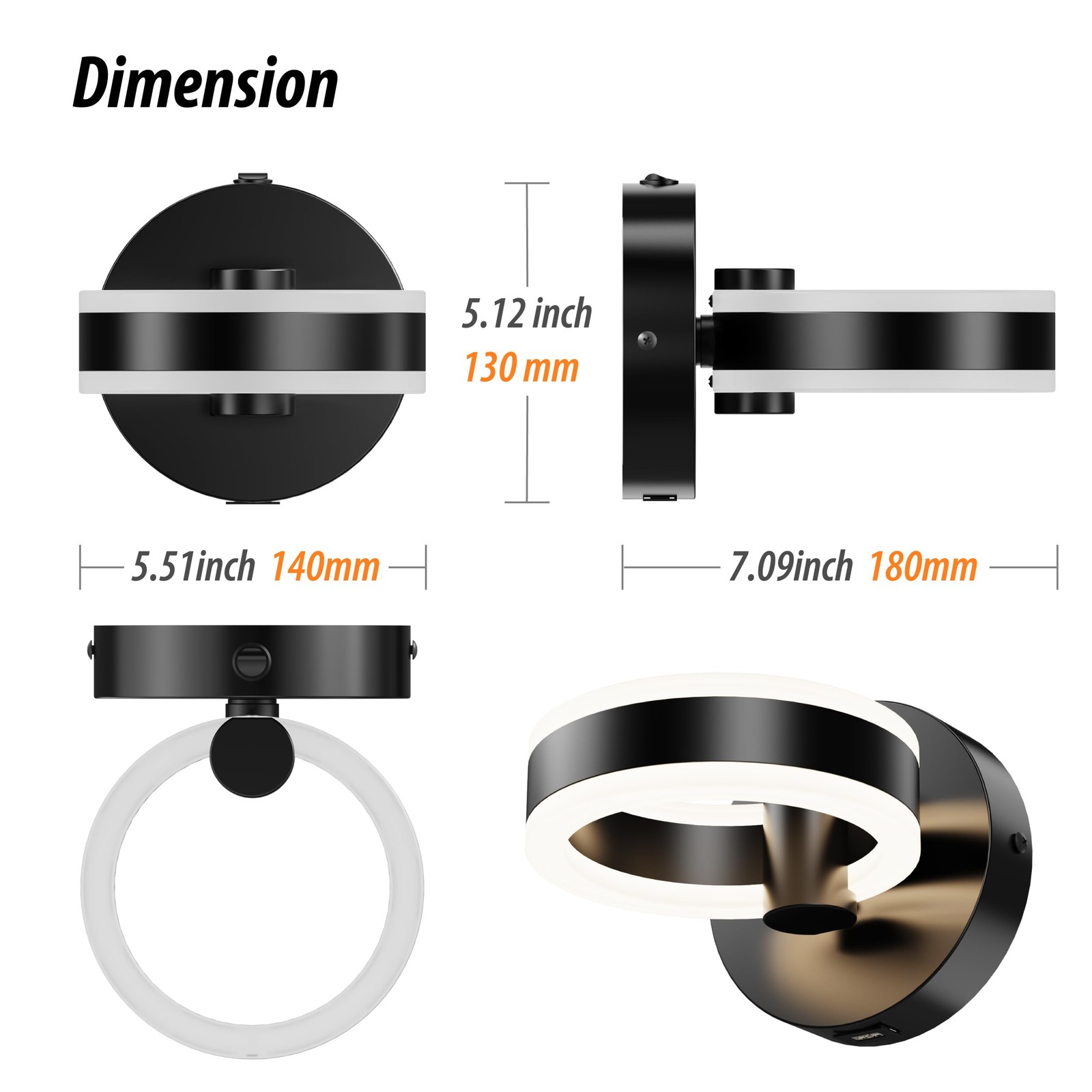 Matte Black LED Wall Sconce Light Fixture With USB Charging Port On/Off Lamp