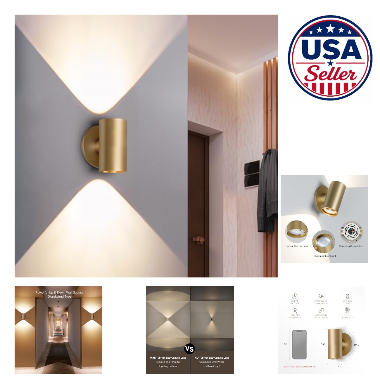 Gold Wall Sconce 7W LED Dimmable Up Down Light Aluminum Hardwired Home Theater