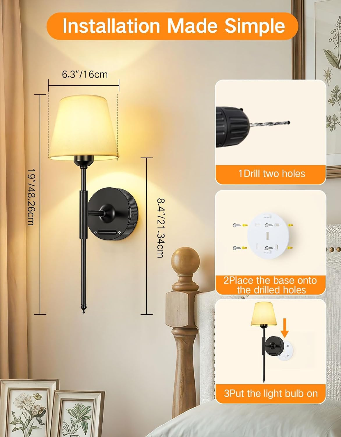 Rechargeable Wall Sconce Set of 2 with Remote, Dimmable & 3 Color Temps