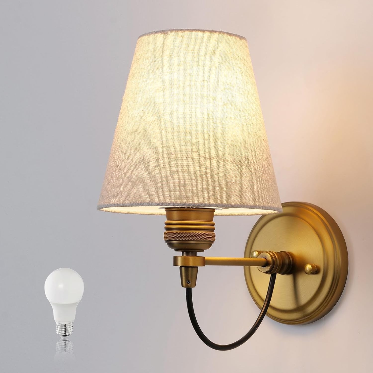 Antique Brass Wall Sconce with Linen Shade, Hardwired