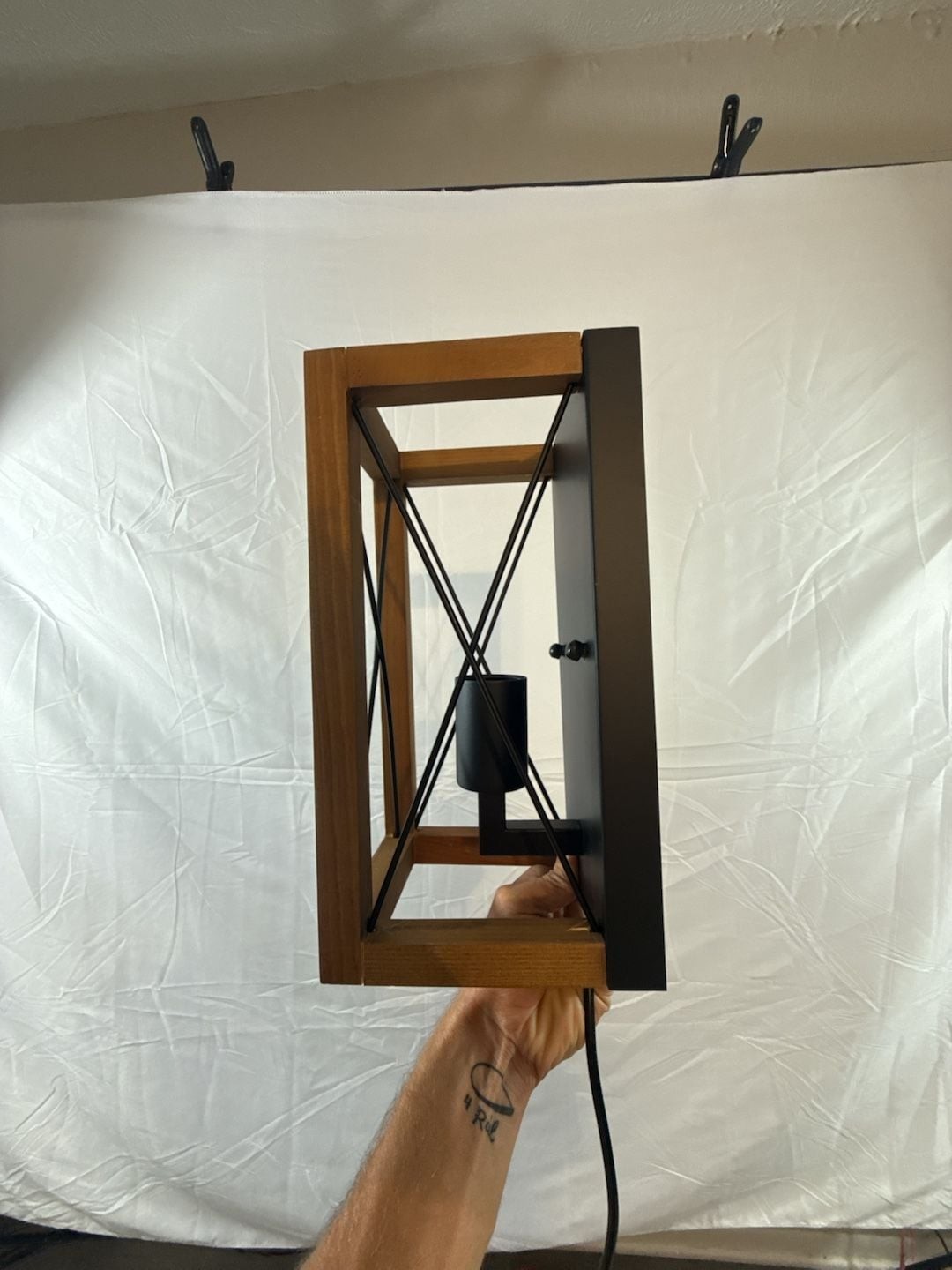 Zompoo Industrial 1-Light Plug-in Wall Sconce with Wood and Metal Open Cage Fram