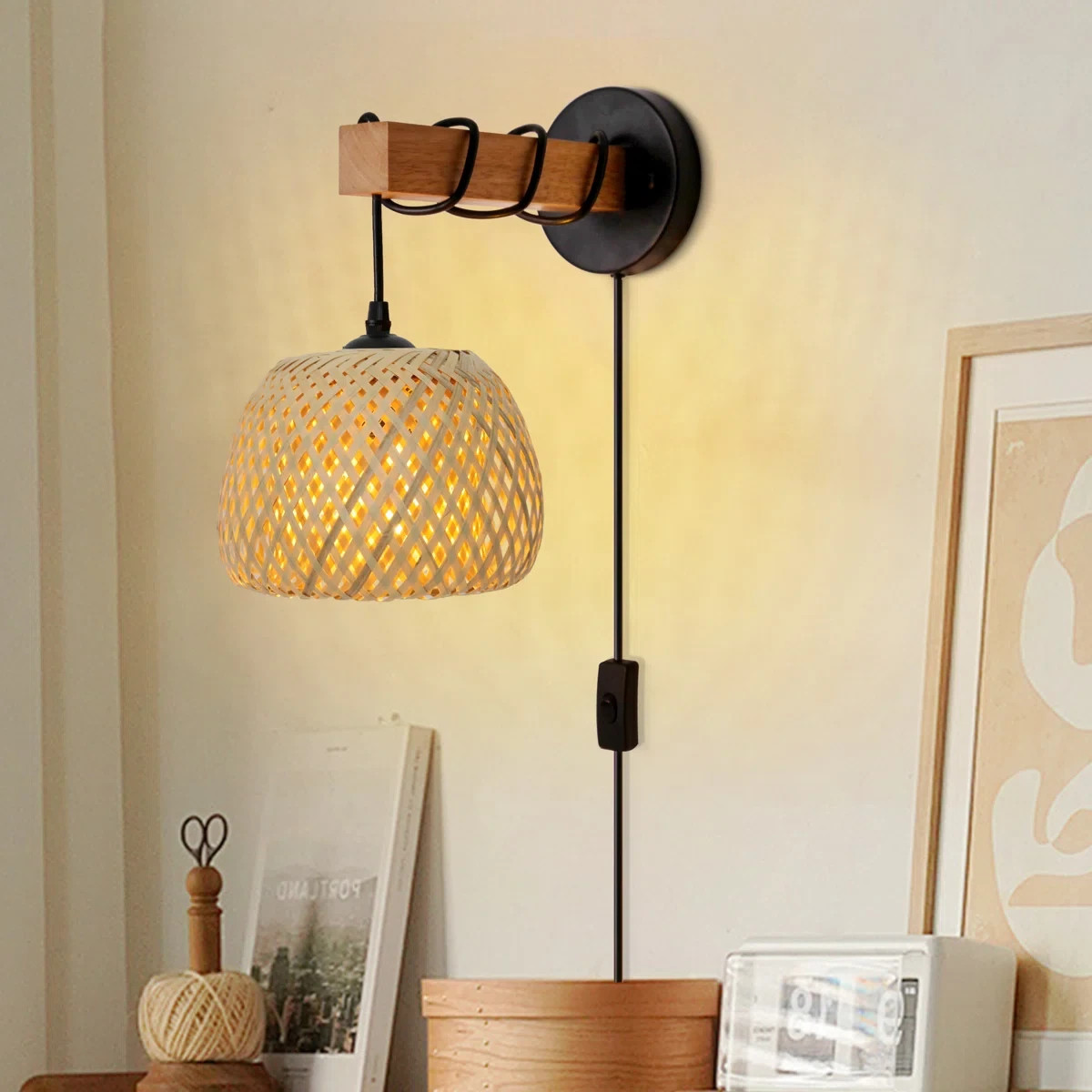 Wood&Bamboo Wall Lamp Farmhouse Plug-in Wall Fixture Indoor Bedroom Living Room
