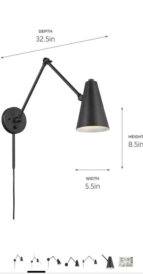 Kichler «Sylvia» Black Wall/Reading Light Sconce (Hard Wire or Plug-in)