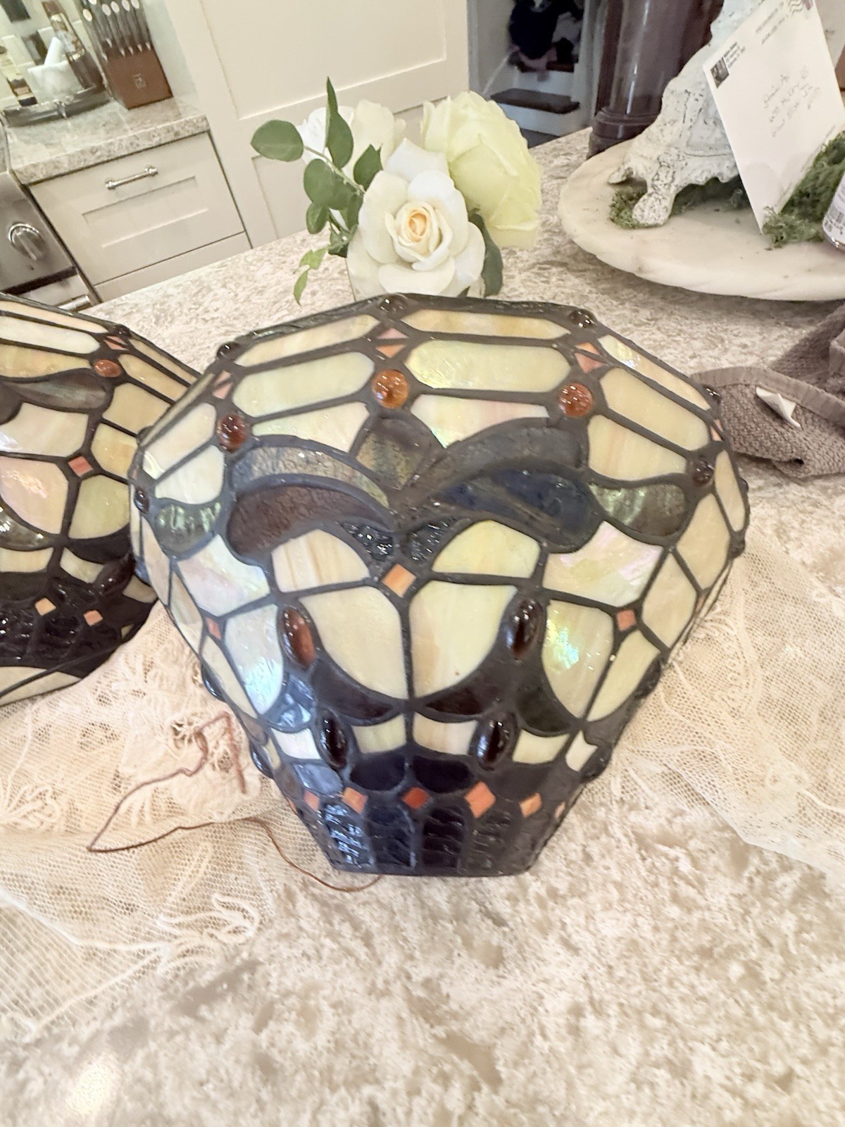 Pair Vtg Stained Glass Wall Sconce Light Lamp Fixture Tiffany Style Hard Wire