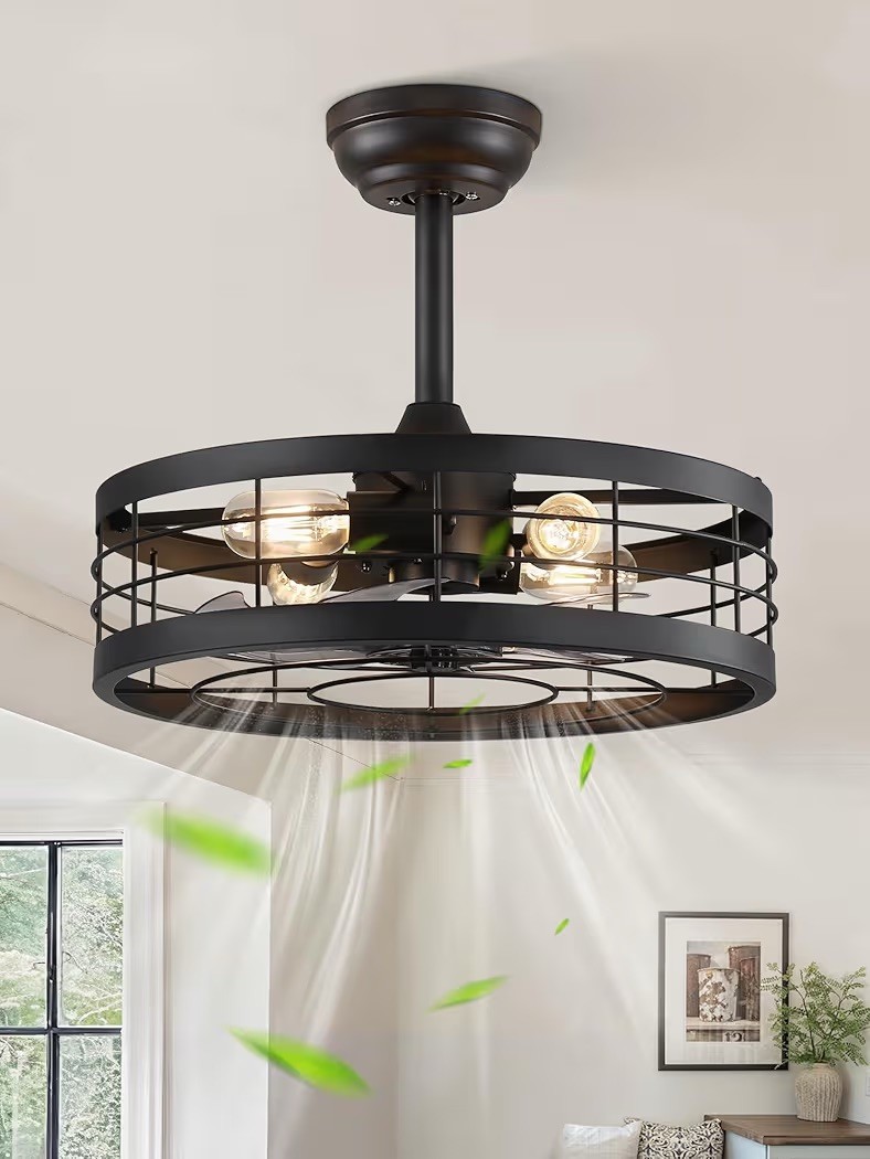 LEDIARY 16.5 inch Black Caged Ceiling Fan with Light, Fandelier Industrial