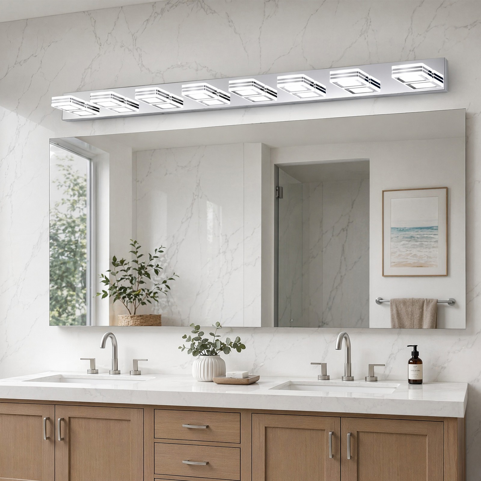 52 Inch LED Vanity Light Bathroom Mirror 8-Light Wall Lamp Chrome Sconce Fixture