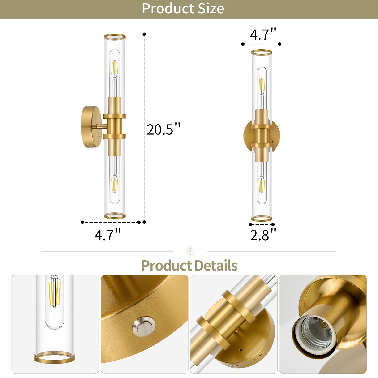 8000mAh Wireless Wall Sconces with 2 Pack, Gold(Clear Tubular Lampshade)