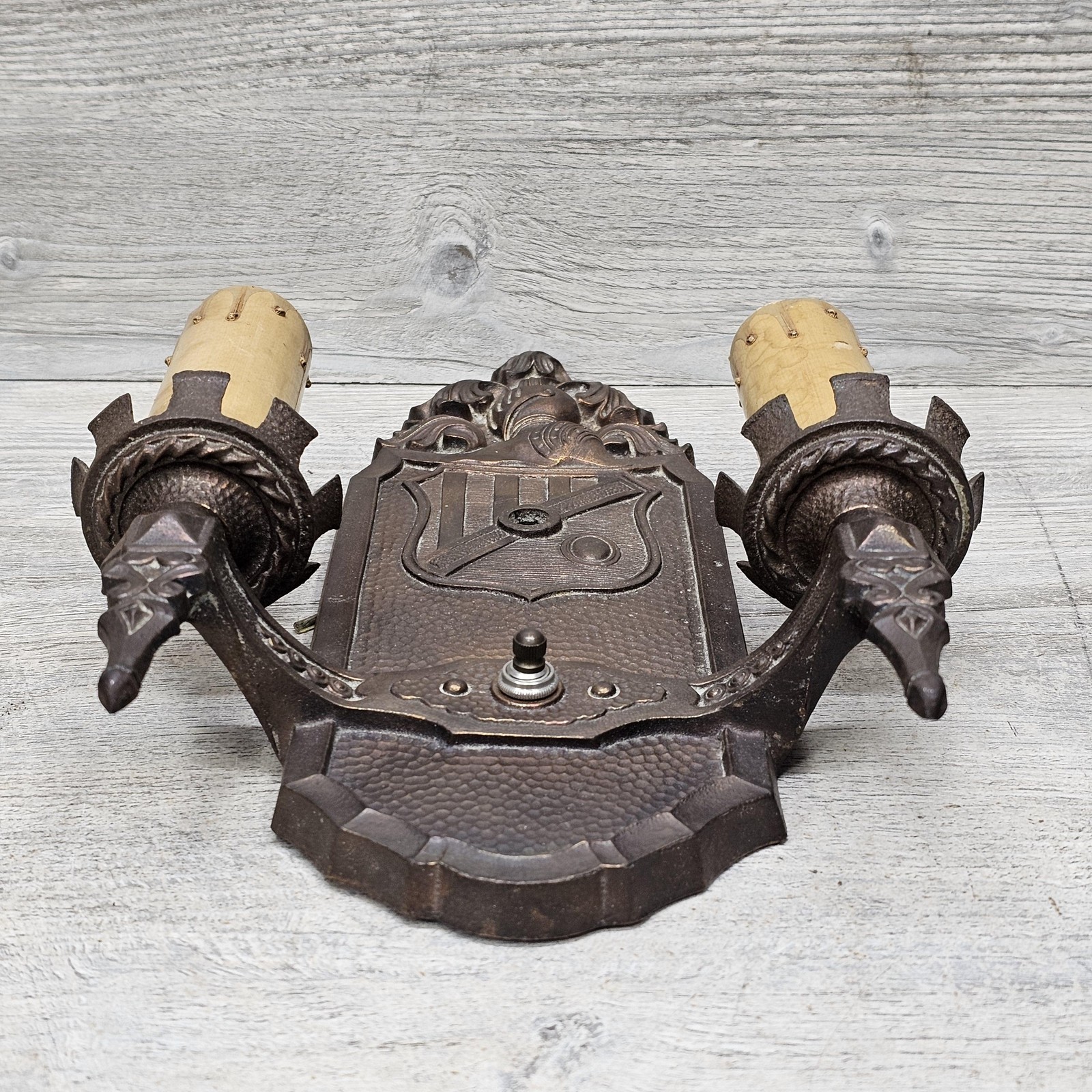 Vintage Markel Cast Iron Gothic Wall Sconce Double Candle Light Bronze P596