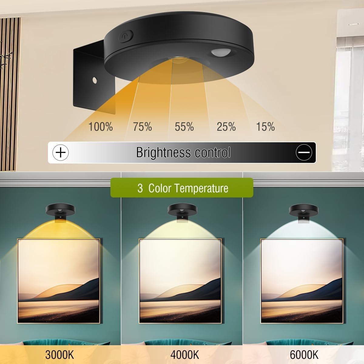 3Pack LED Picture Lights for Wall Rechargeable Battery Picture Frame Light