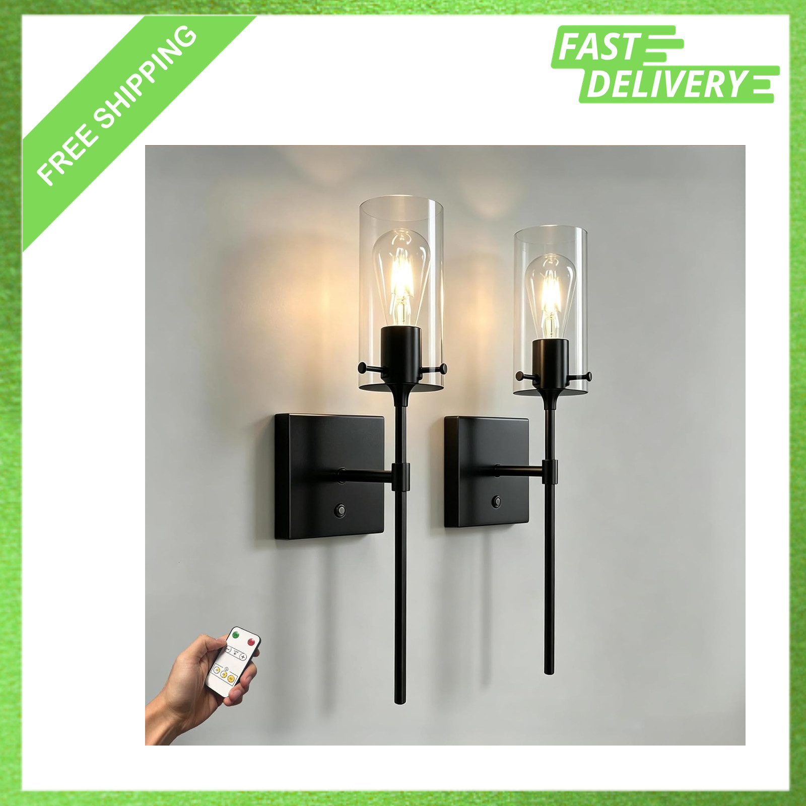 Wall Sconce Set of 2, Wireless Rechargeable Black LED Dimmable Touch Remote