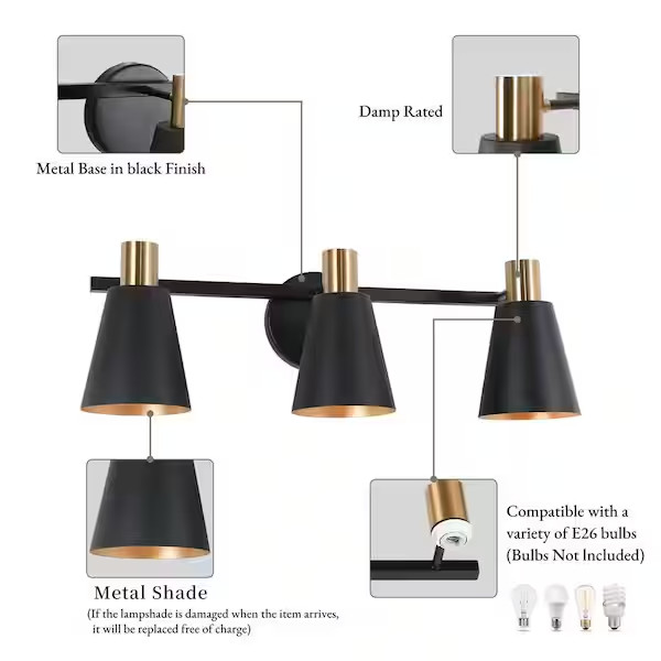 A04322 Black and Plated Gold 22 in. 3-Light Bell Powder Room Vanity Light