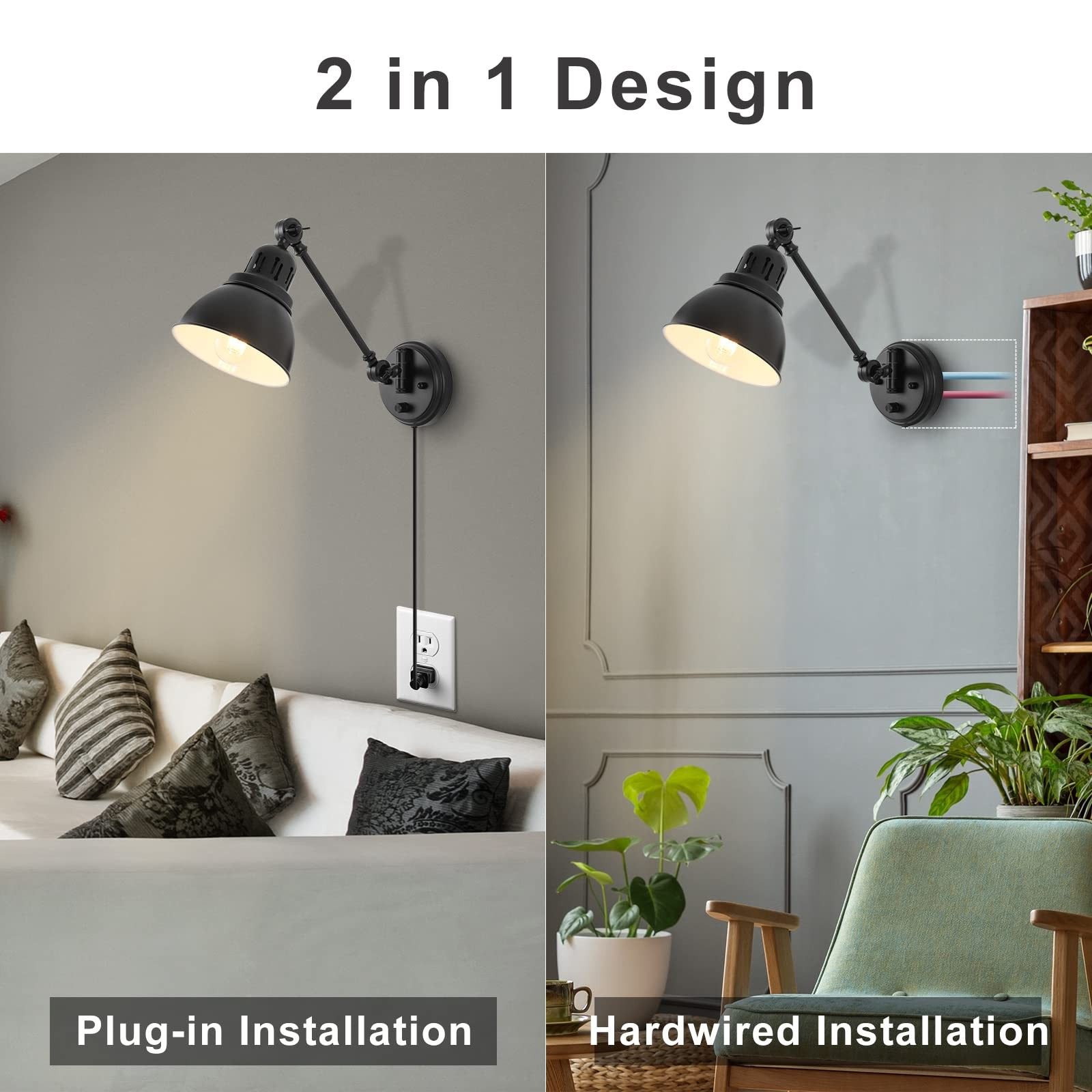 Plug in Wall Sconces, Wall Sconce Lighting with Dimmable On Off Switch, Swing Ar
