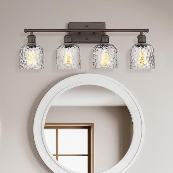 JAZAVA 27.3 in. 4-Light Oil Rubbed Bronze Vanity Light with Hammered Glass Shade
