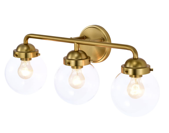 Brand New! 3 Light Antique Brass Vanity Light with Globe Clear Glass Shade