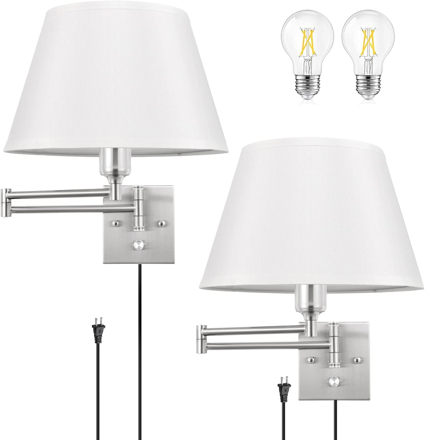 Dimmable Wall Sconce Plug In, Brushed Nickel Wall Sconces Set of Two Swing Arm W