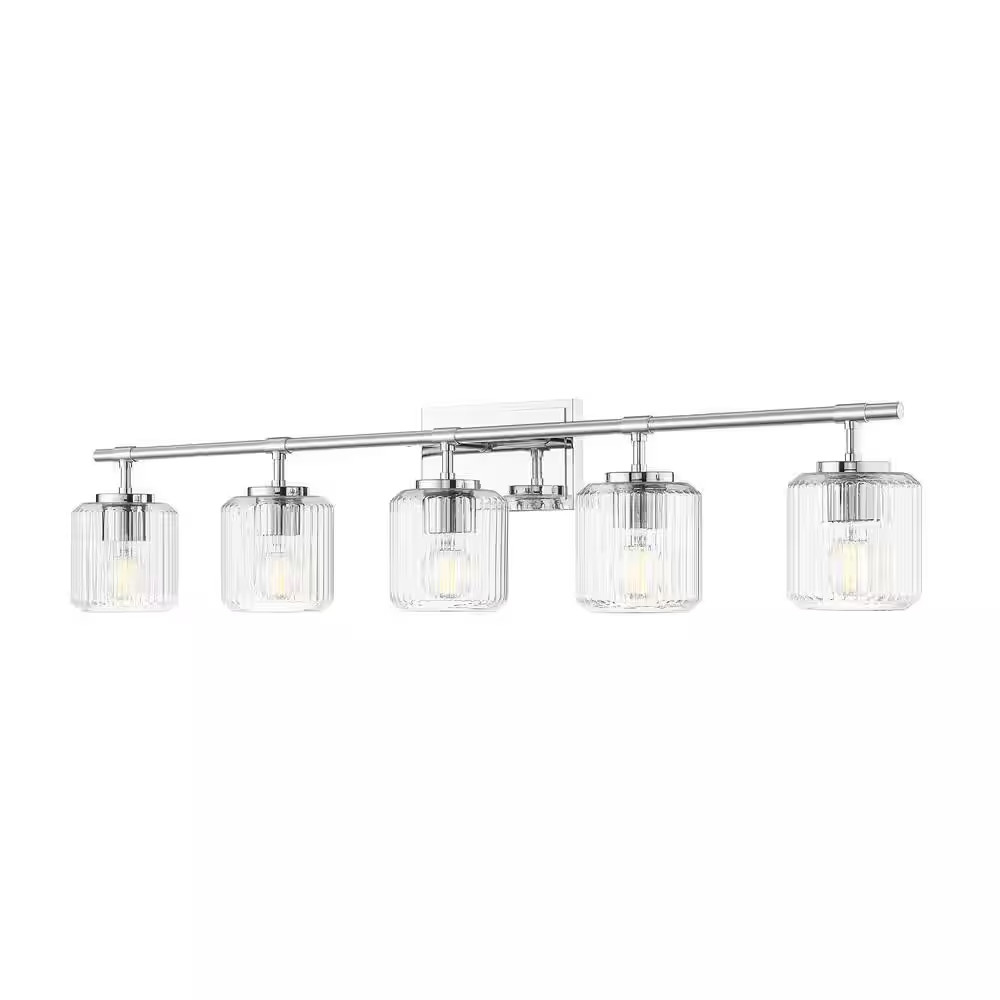 Landon 42 In. 5 Light Chrome Vanity Light with Clear Ribbed Glass Shades