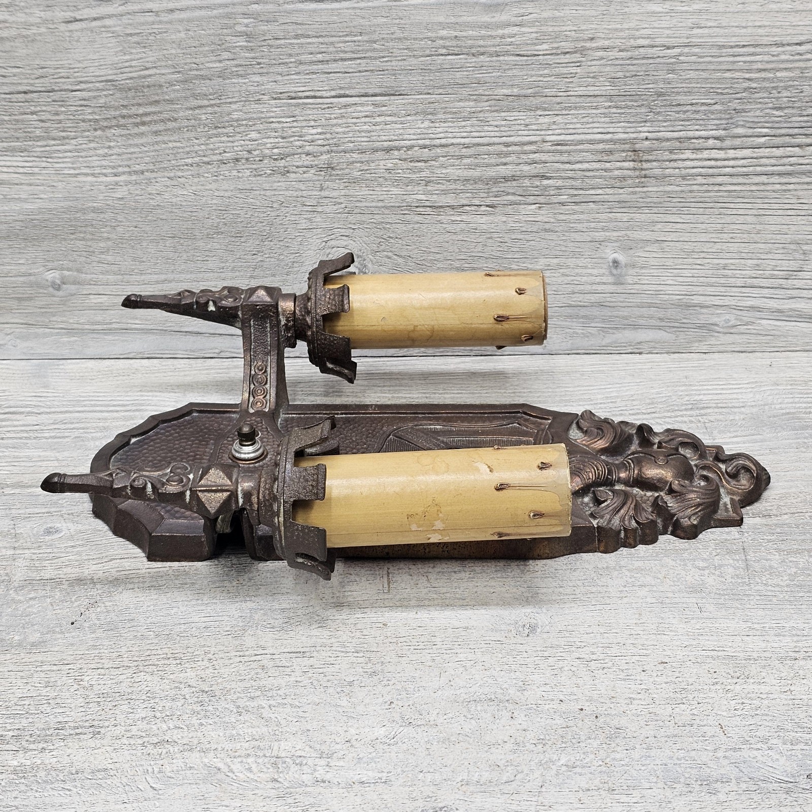 Vintage Markel Cast Iron Gothic Wall Sconce Double Candle Light Bronze P596