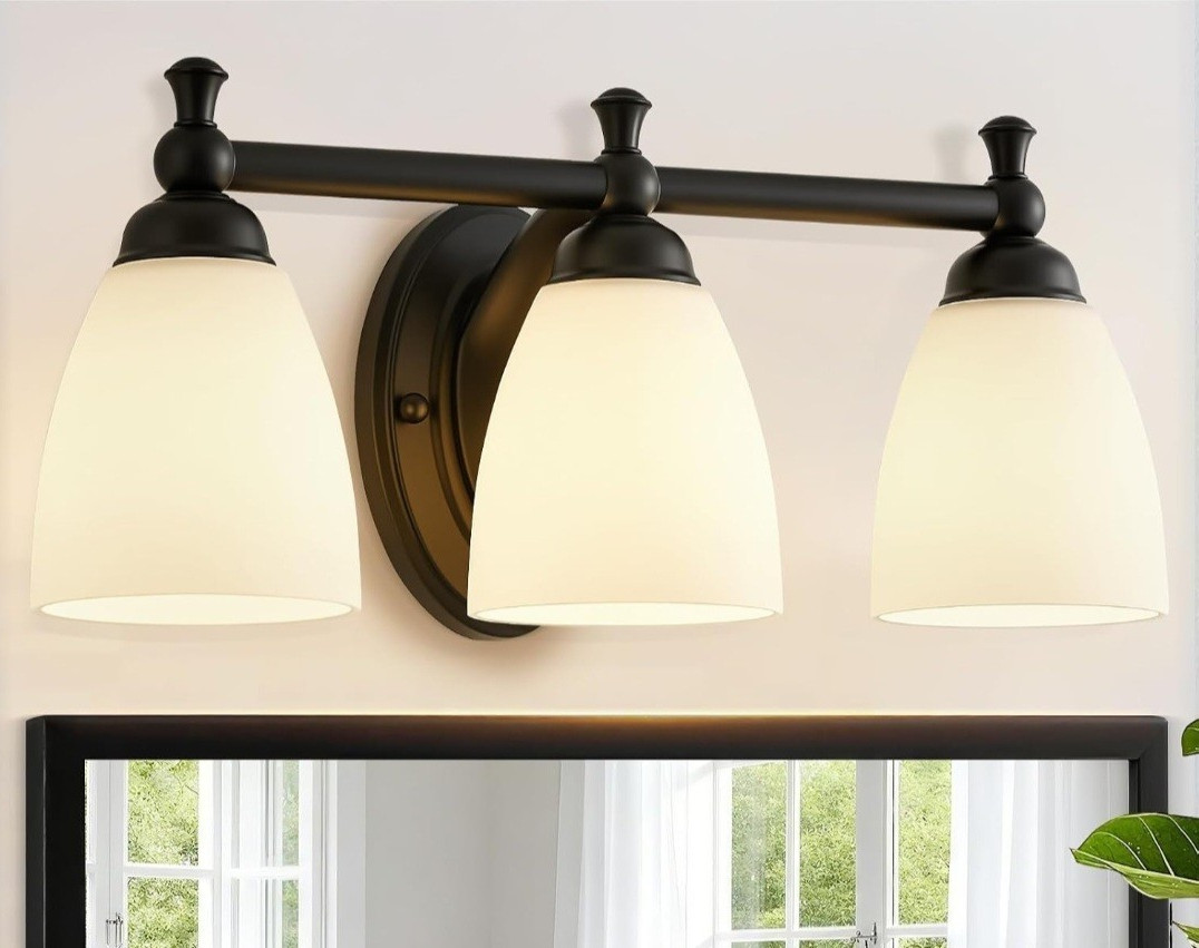 3-Light Vanity Wall Light, Matte Black/White Shades, E26, 17.5 in, 60W