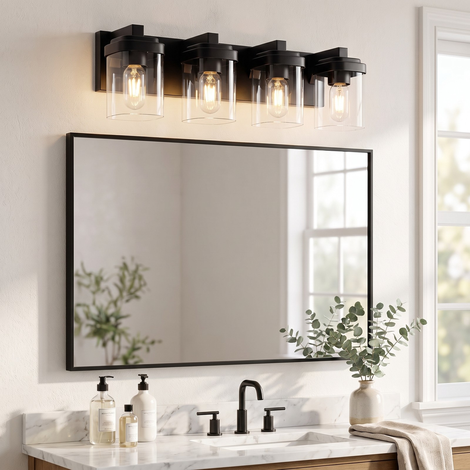 24» Vanity 4 Light LED Black Square Glass for Bathroom Over Mirror Wall Fixture