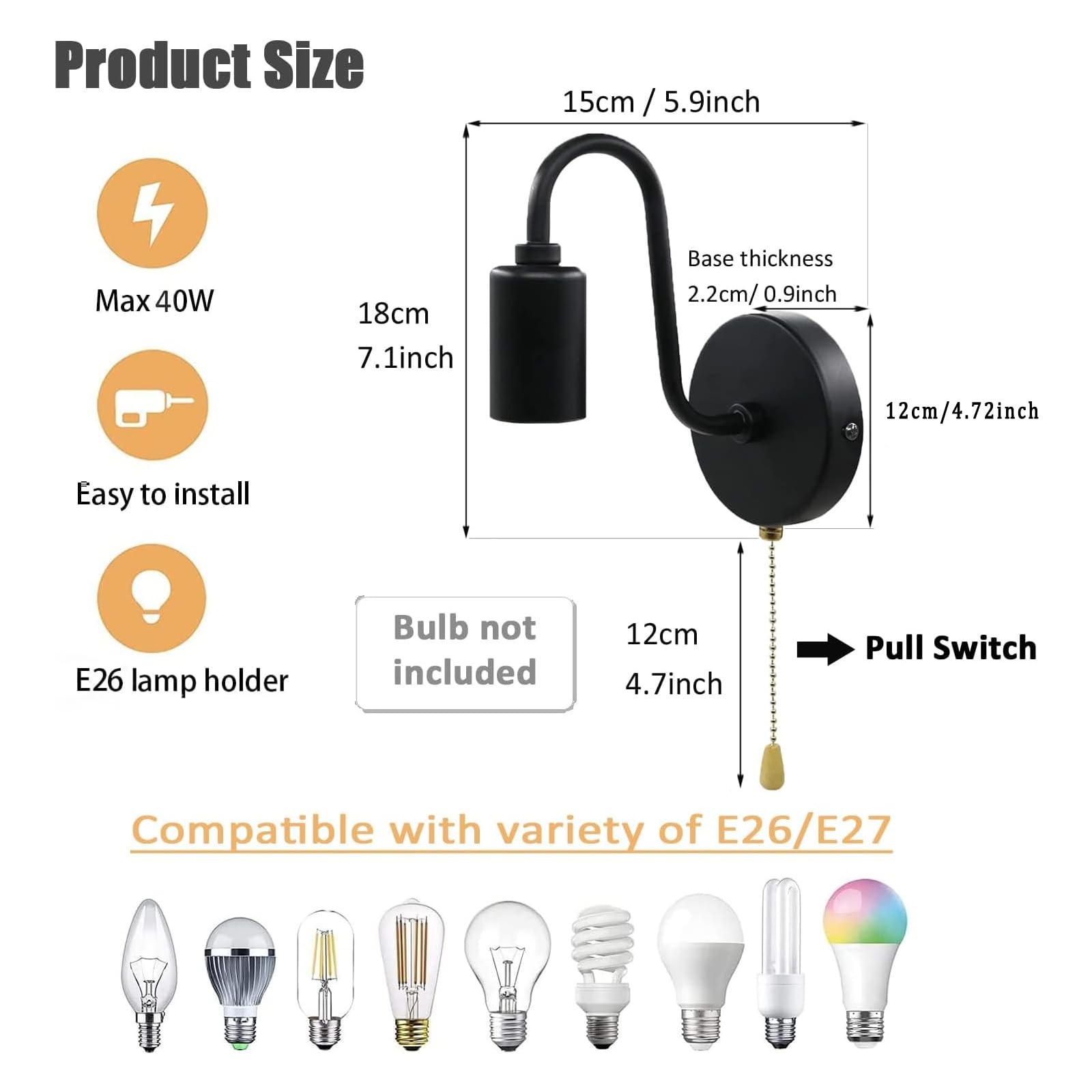 JZCDR Vintage Pull Chain Wall Sconce Light with Switch Black