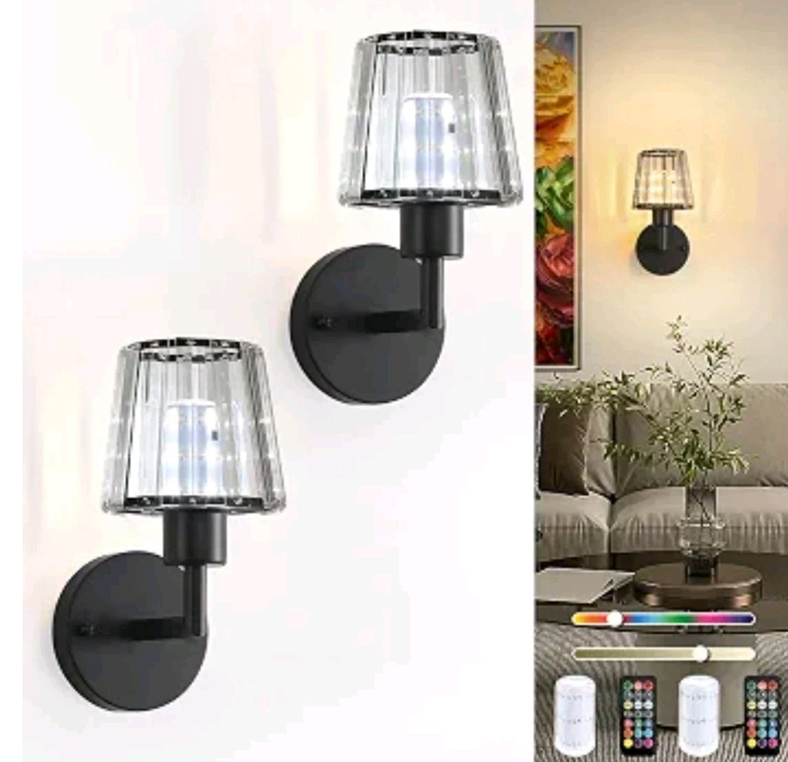Crystal Battery Operated Wall Sconces Set of 2, Black Rechargeable Wireless Wall