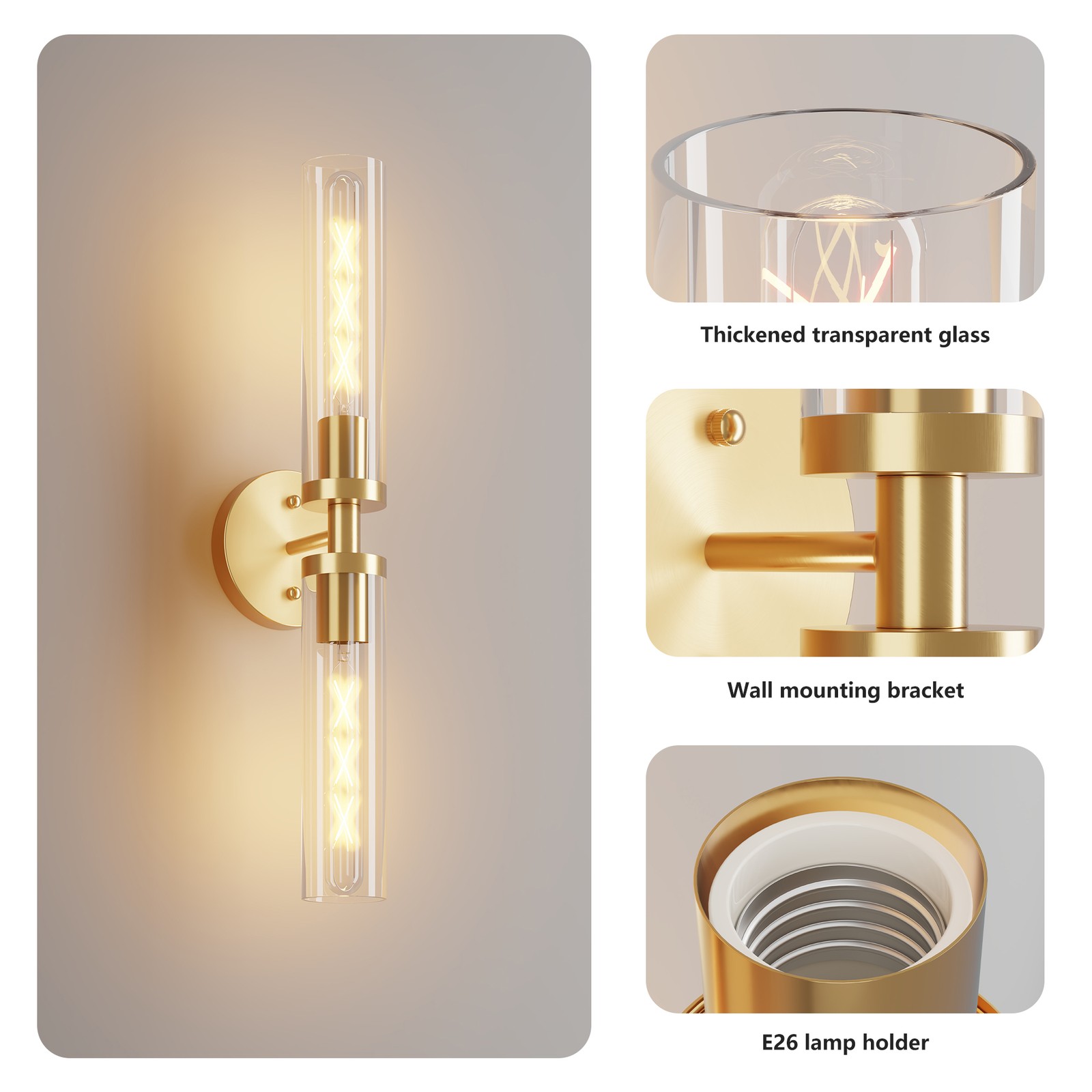 Modern LED Indoor Wall Light 2 Pack 22» Gold Bathroom Mirror Sconce Fixture UL