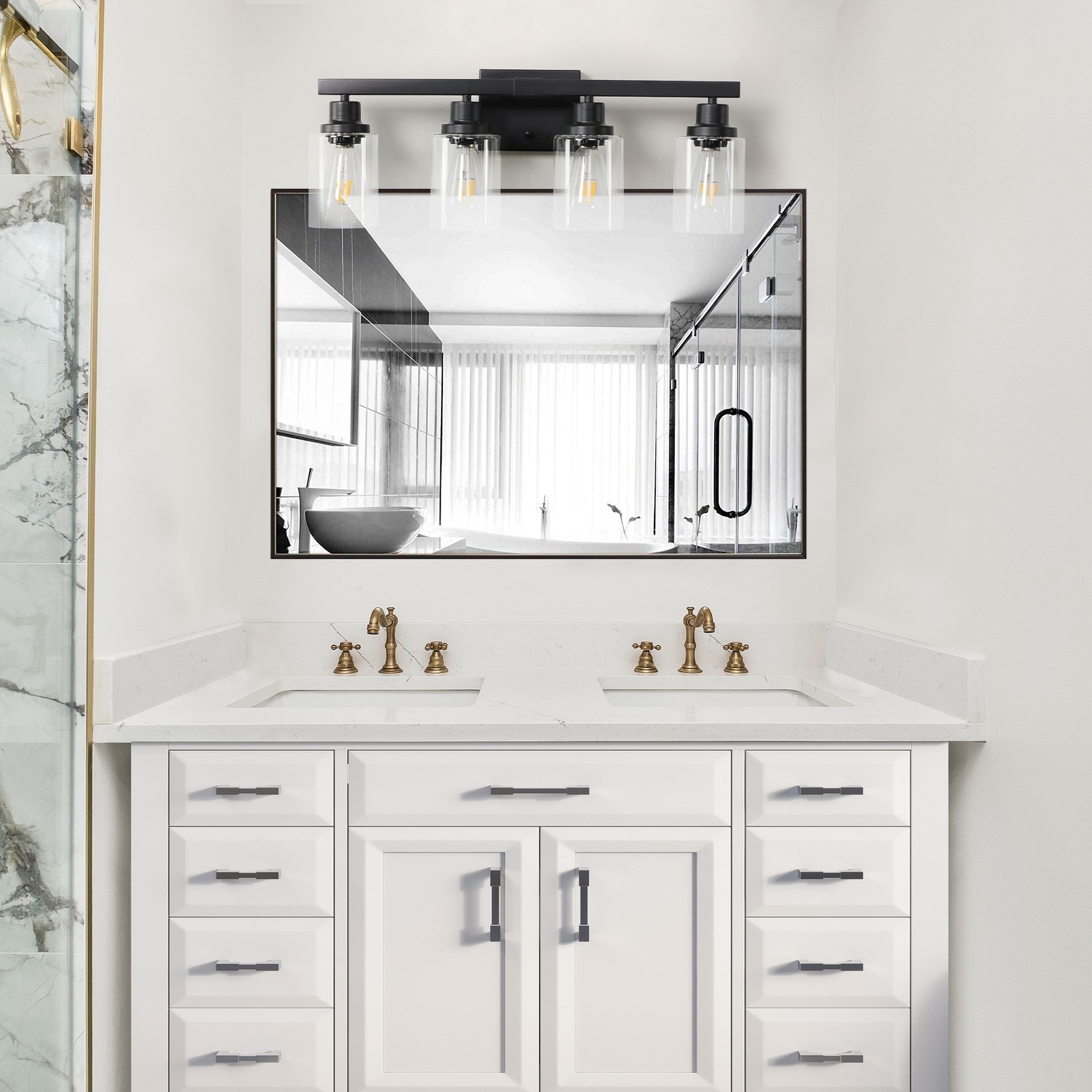 24″ Bathroom Mirror Vanity Light Modern Black 4 Lights Glass Wall Sconce Fixture