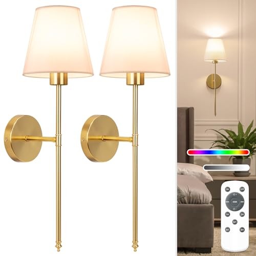 NIORSUN Battery Wall Sconce Set of 2 Gold Rechargeable 10 Colors