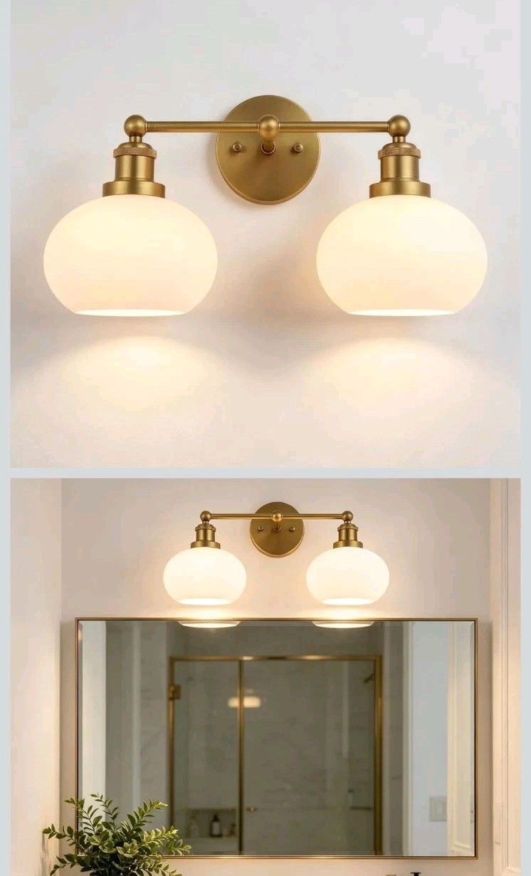 Antique Brass 2 Light Vintage Hardwired Round Milk Glass Wall Sconce Modern
