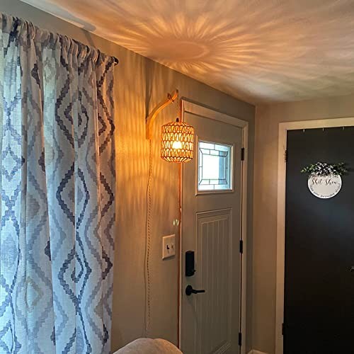 Plug In Wall Sconces Set of Two Hand Woven Rattan Boho Farmhouse Wood Plug In