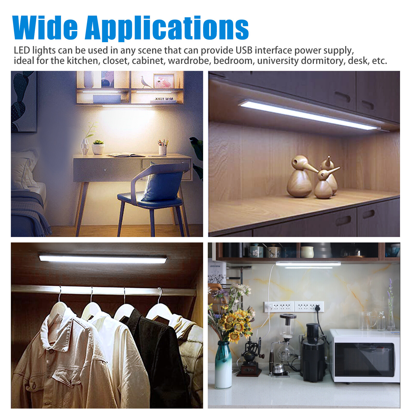 2X LED Kitchen Under Cabinet Closet Shelf Lighting Strip Bar USB Light Lamp Kit