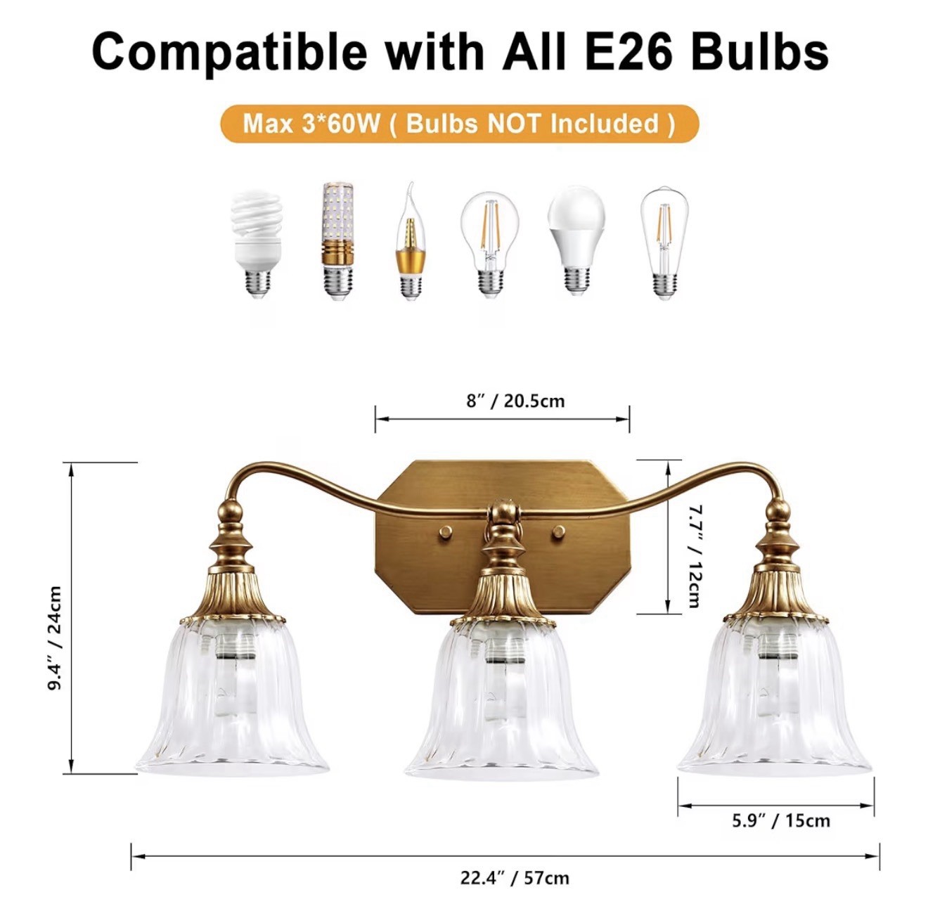 3-Light Vintage Gold Vanity Wall Light, Clear Bell Glass Shades, E26, 22.4 in