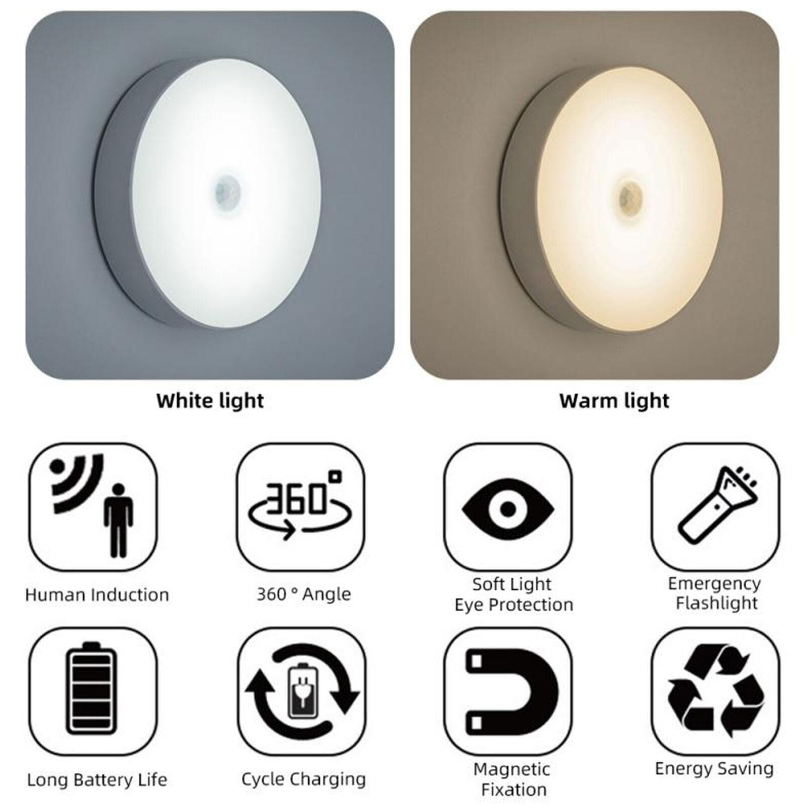 Led Motion Sensor Light USB Rechargeable PIR Wall Cabinet Stair Night Light Lamp