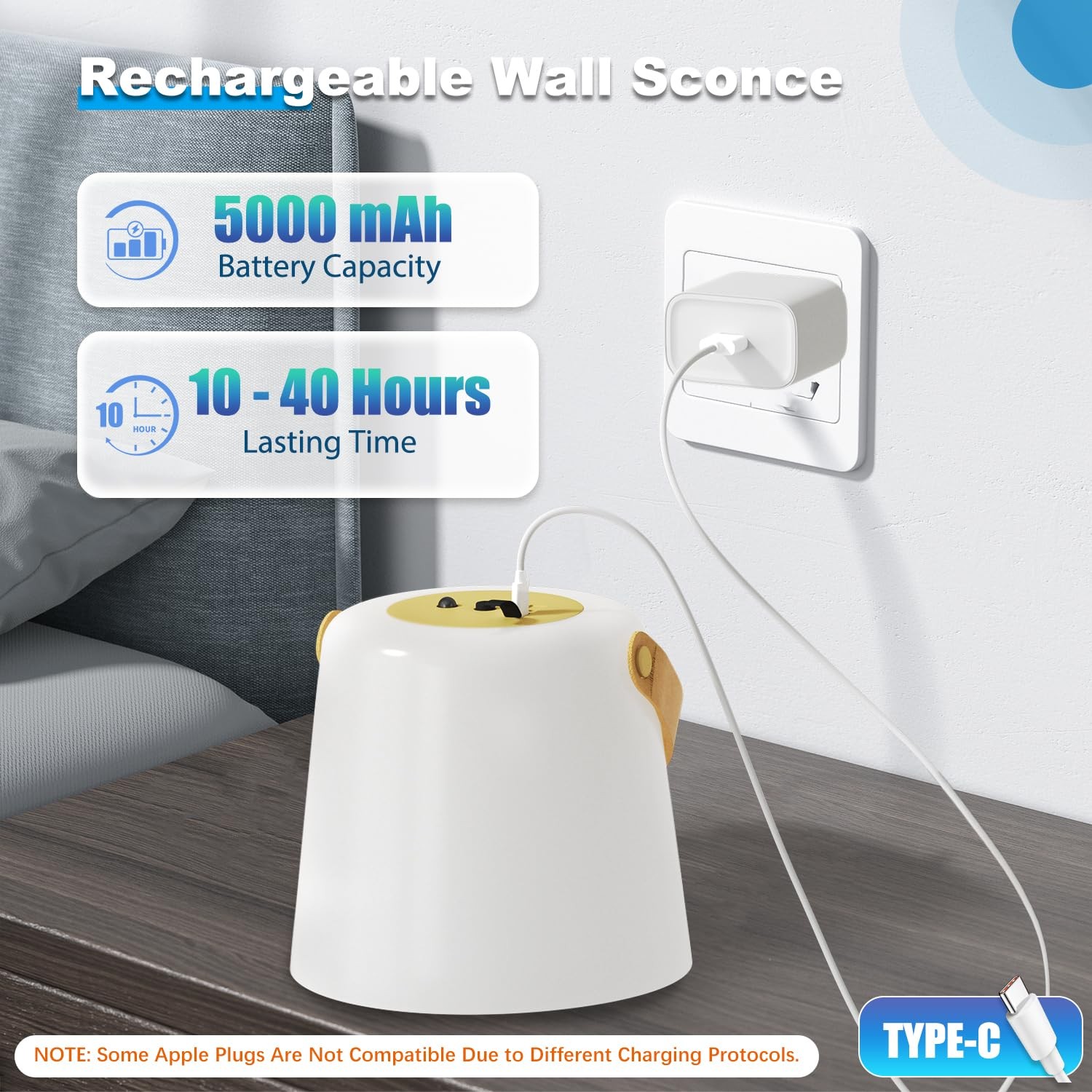 Rechargeable Wall Sconce – Plastic Frosted Lampshade – 3 Color Temp 5 Bright…