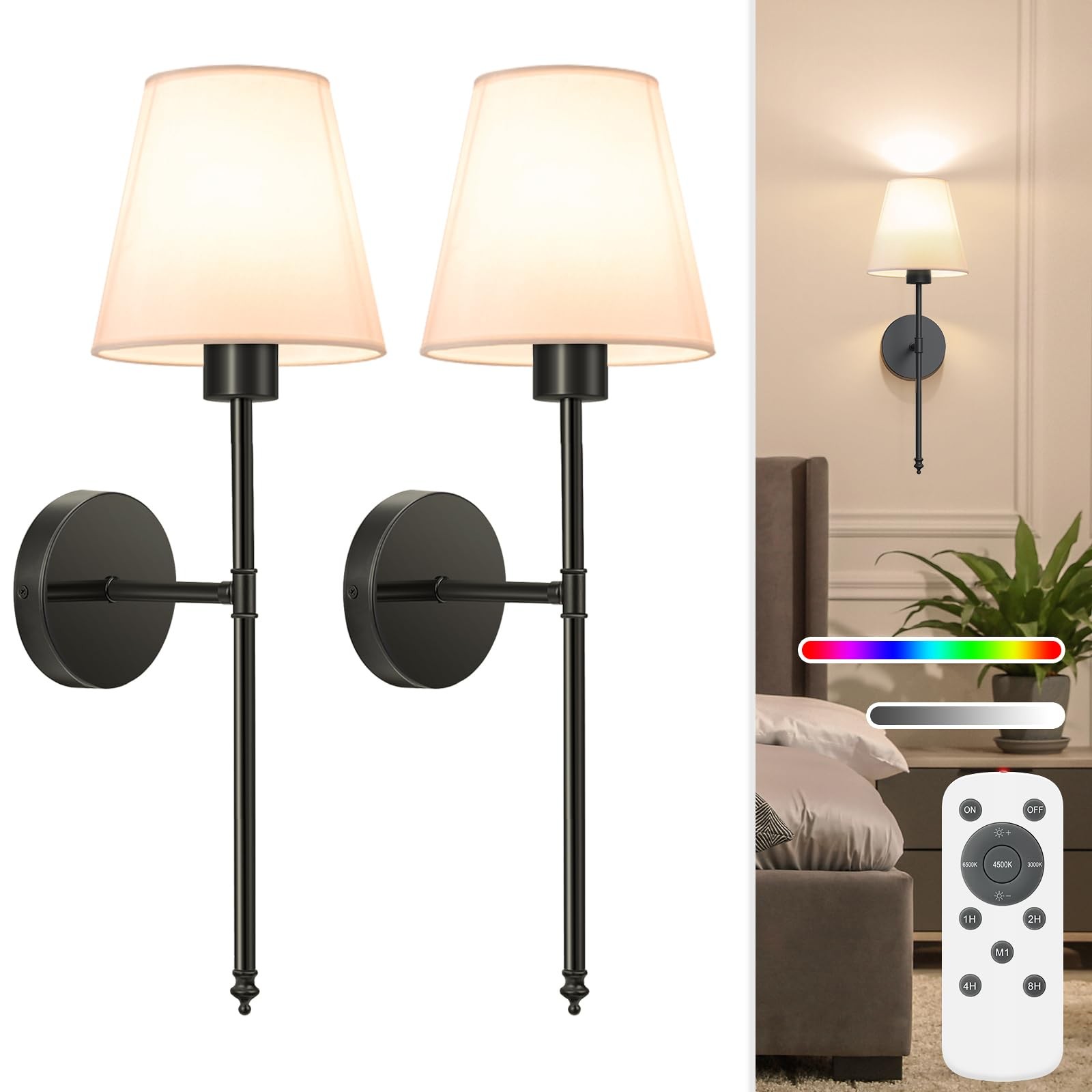 19.9 inch Battery Operated Wall Sconce Set of 2,Black Rechargeable Wall Light…