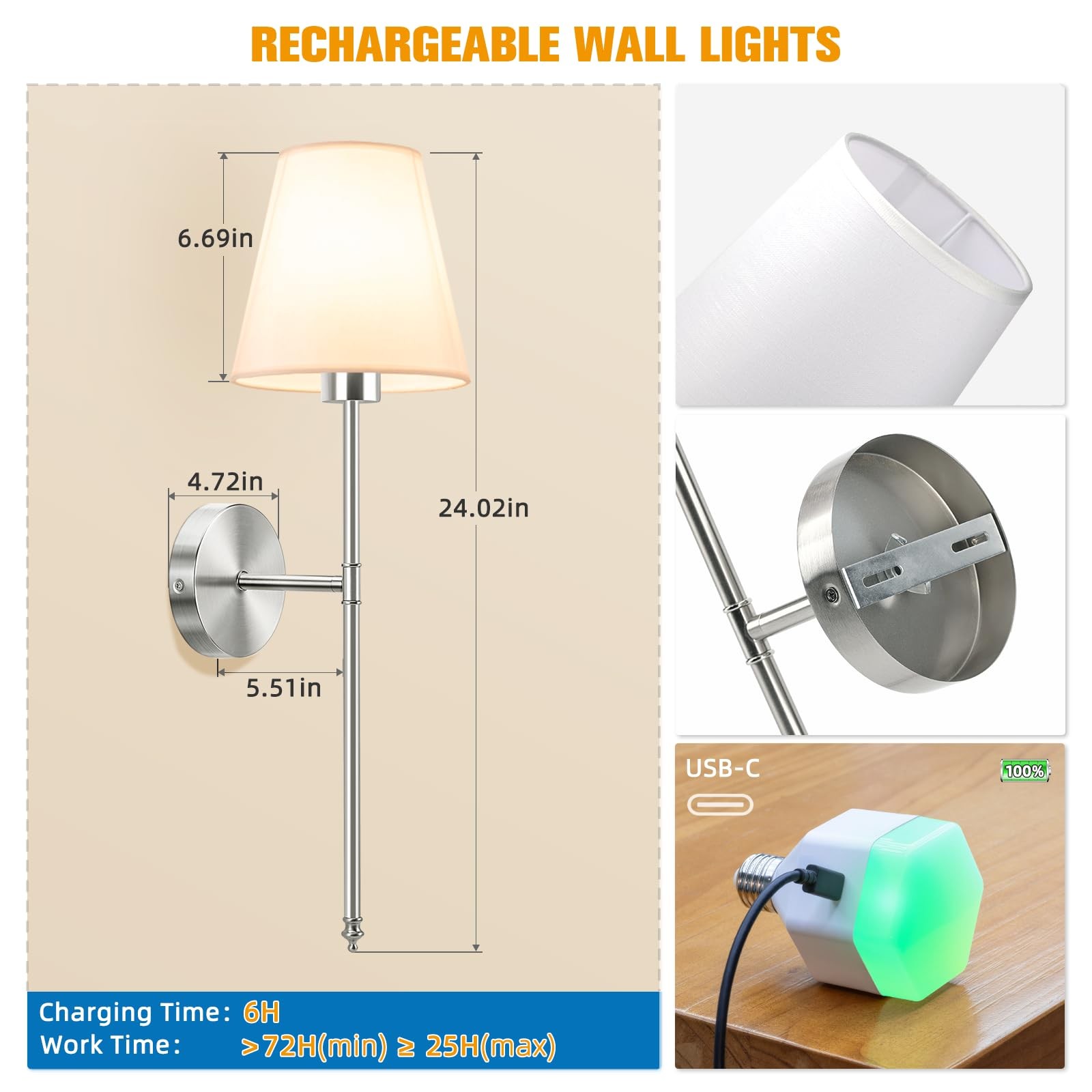 NIORSUN Battery Operated Wall Sconce Set of 2,Brushed Nickel Rechargeable Wall L