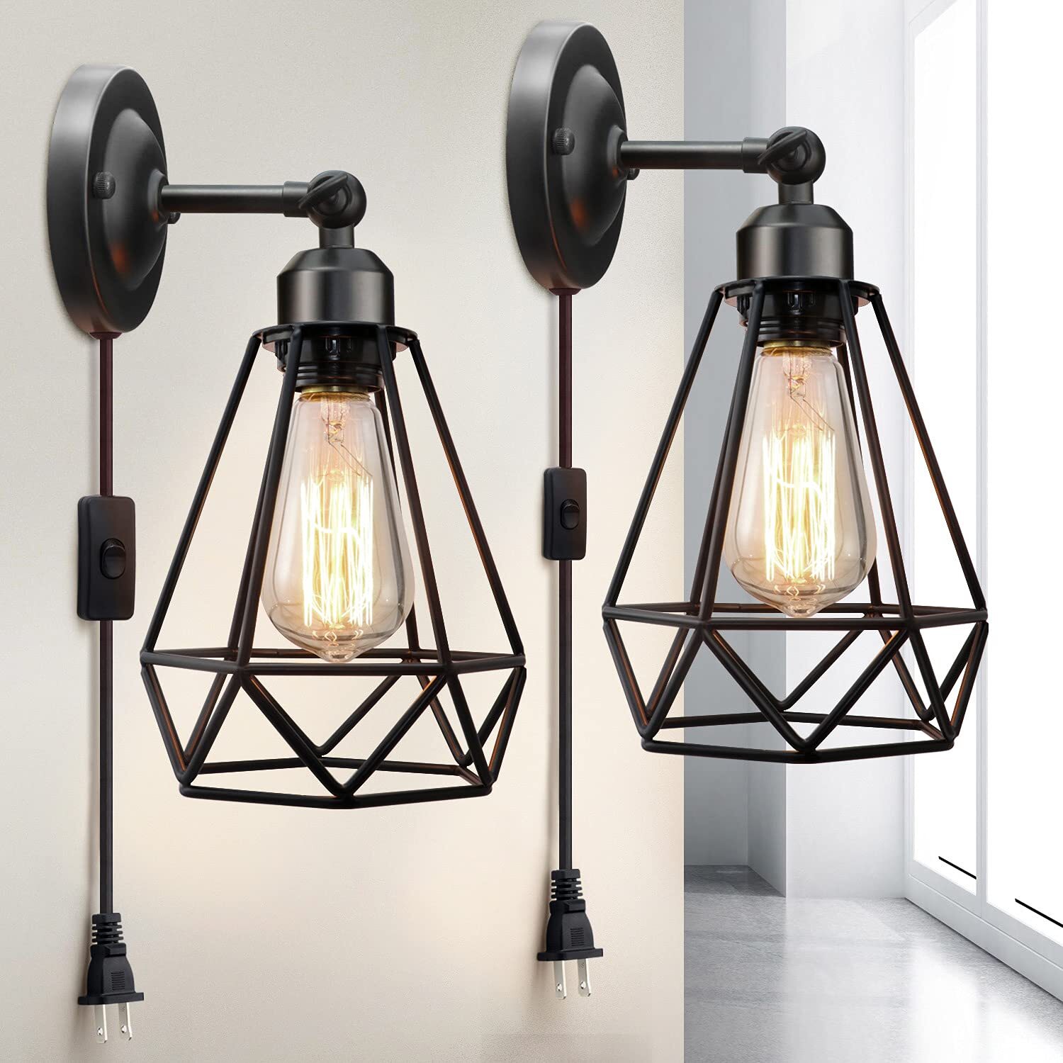 Plug in Wall Sconce, Wire Cage, Industrial Wall Lamp with Plug in Cord, Rustic S