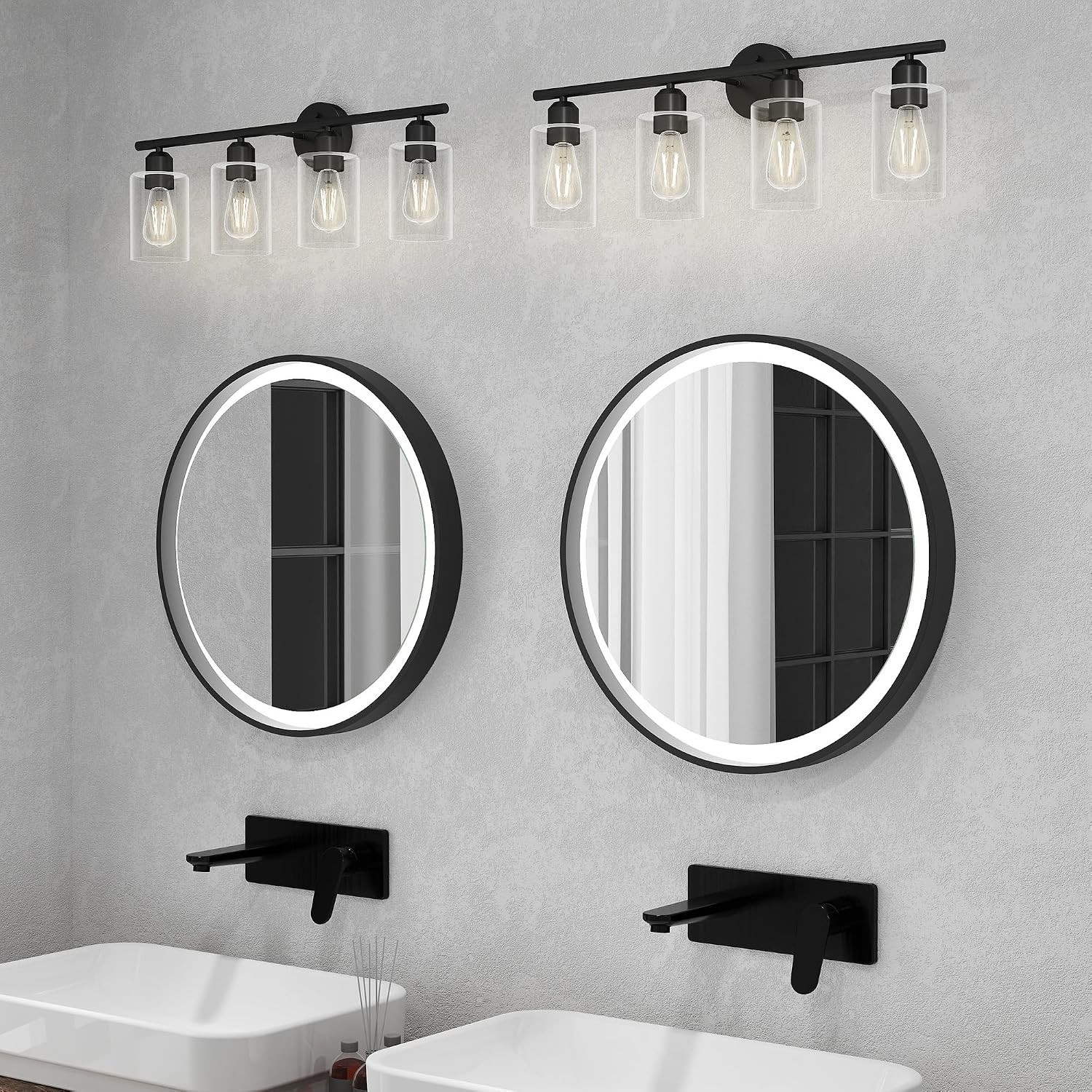 4 Light Modern Bathroom Vanity Fixture in Matte Black with Clear Cylinder Shades