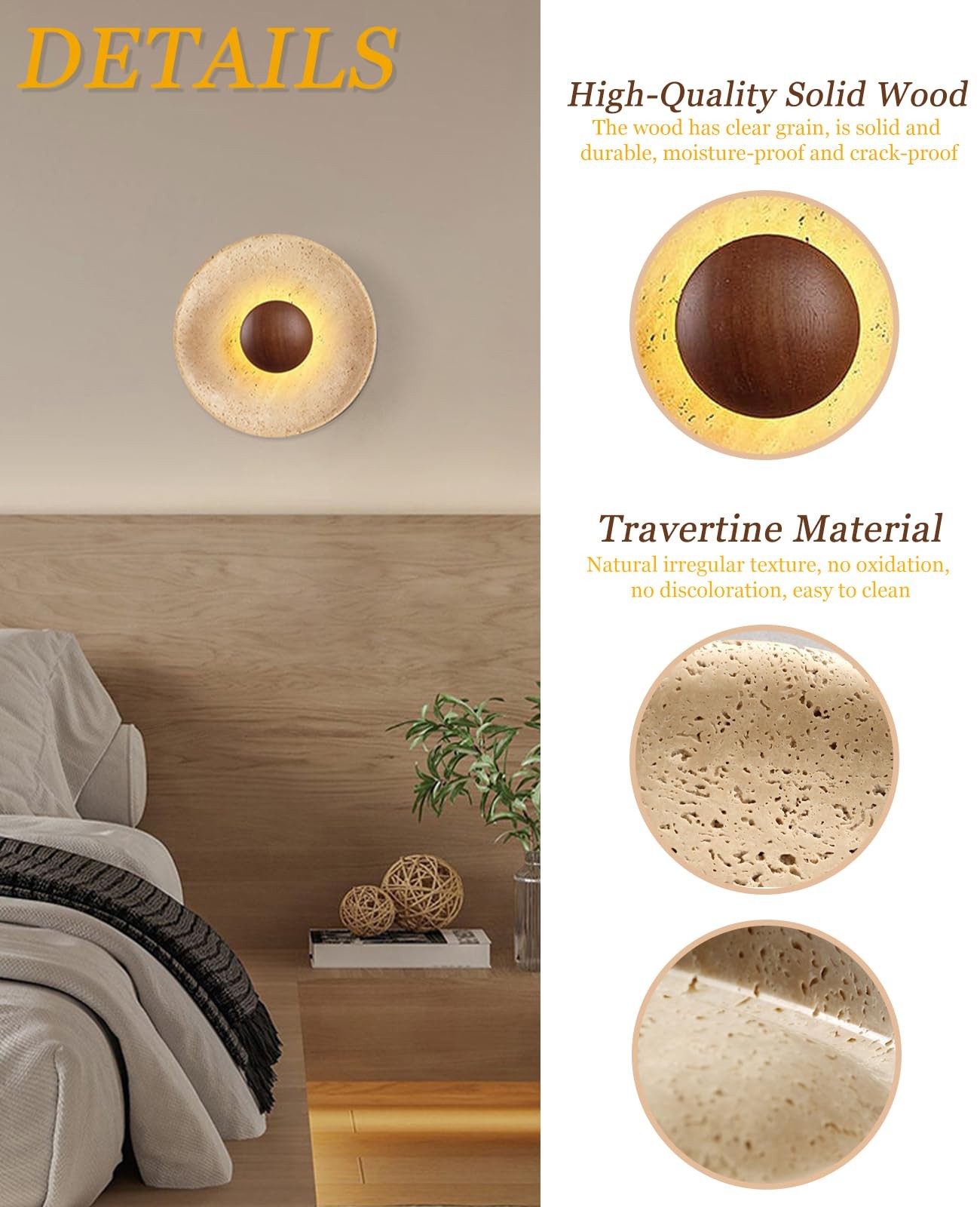 OROILUPU Yellow Travertine Wall Sconce Natural Retro Wabi sabi Marble Round W…