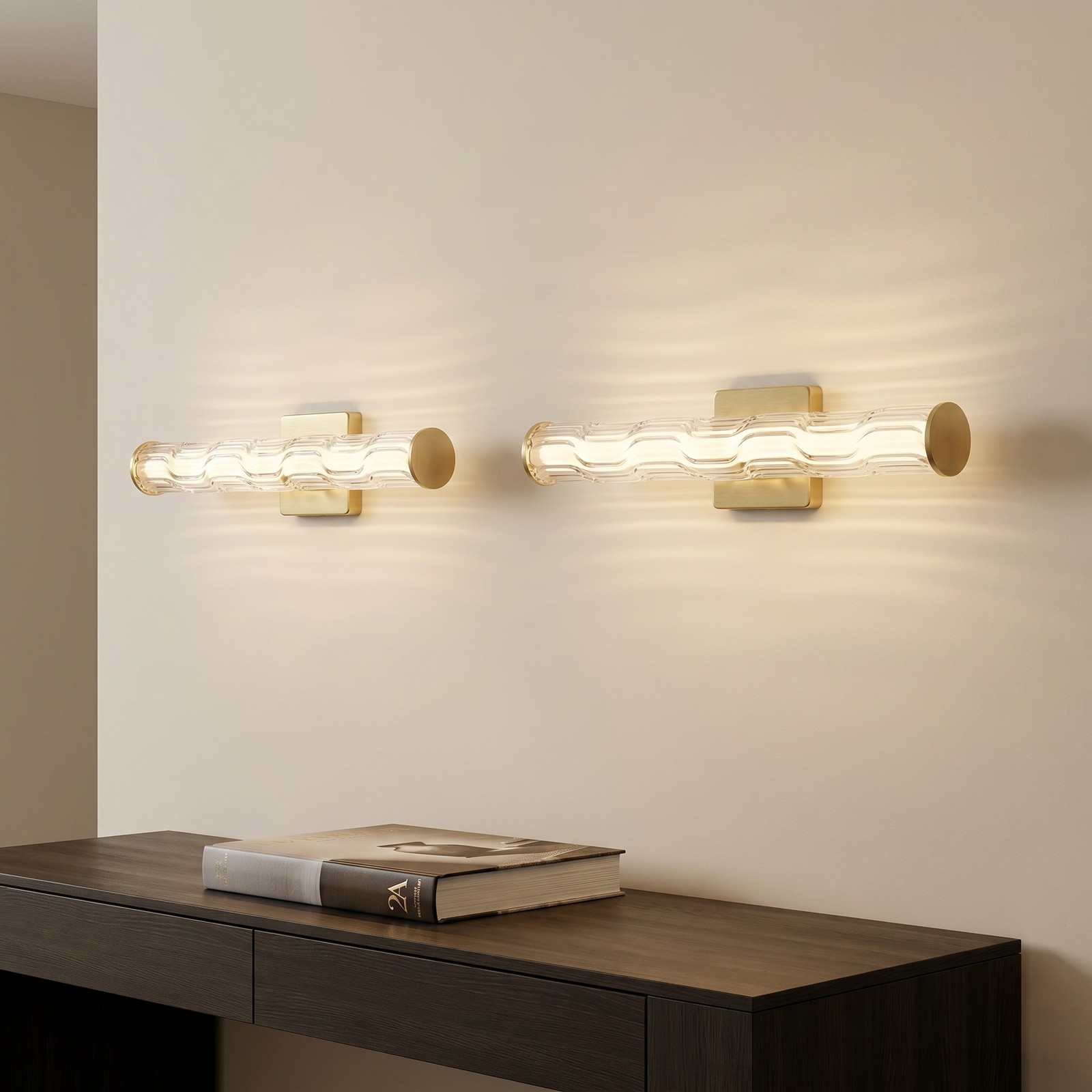 2 Pack 20» Gold Indoor Wall LED Light Ripple Glass 3CCT Dimmable Sconce Fixture
