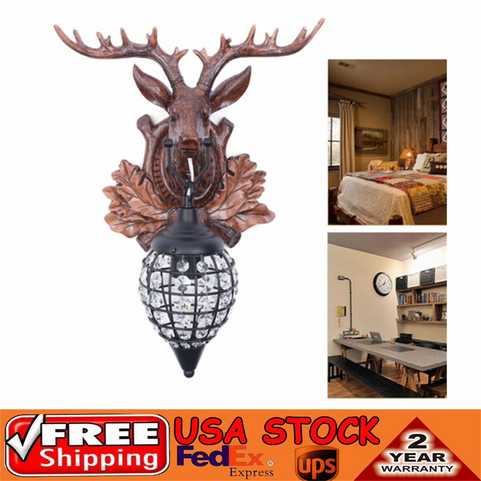 Antler Wall Sconce Lighting Rustic Deer Wall Light Decor with Antler and Crystal