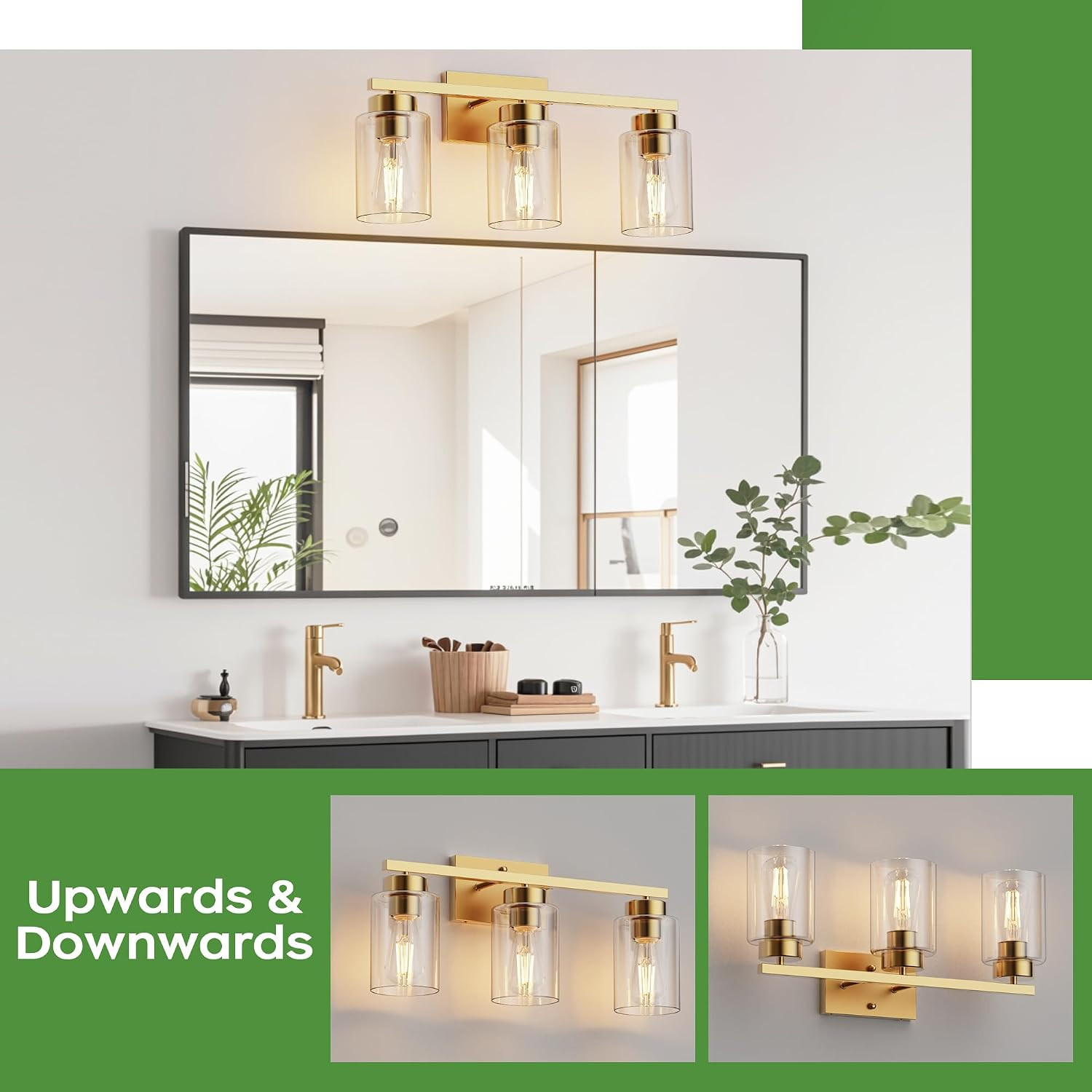 3-Light Bathroom Light Fixtures, Brushed Gold Vanity Light with Clear Glass Shad