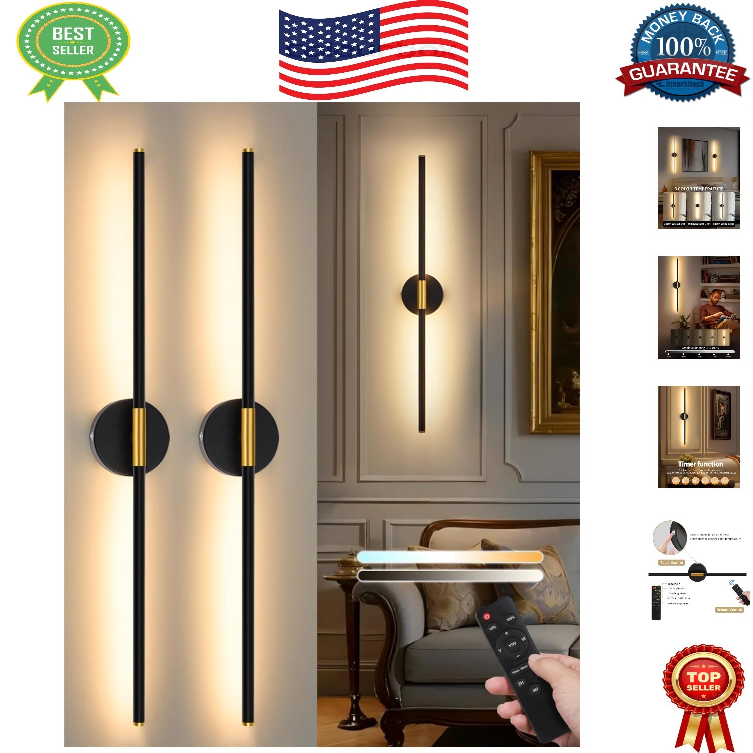 Dimmable 24″ Battery Wall Sconces – Stylish Black Gold LED Lighting Set of 2