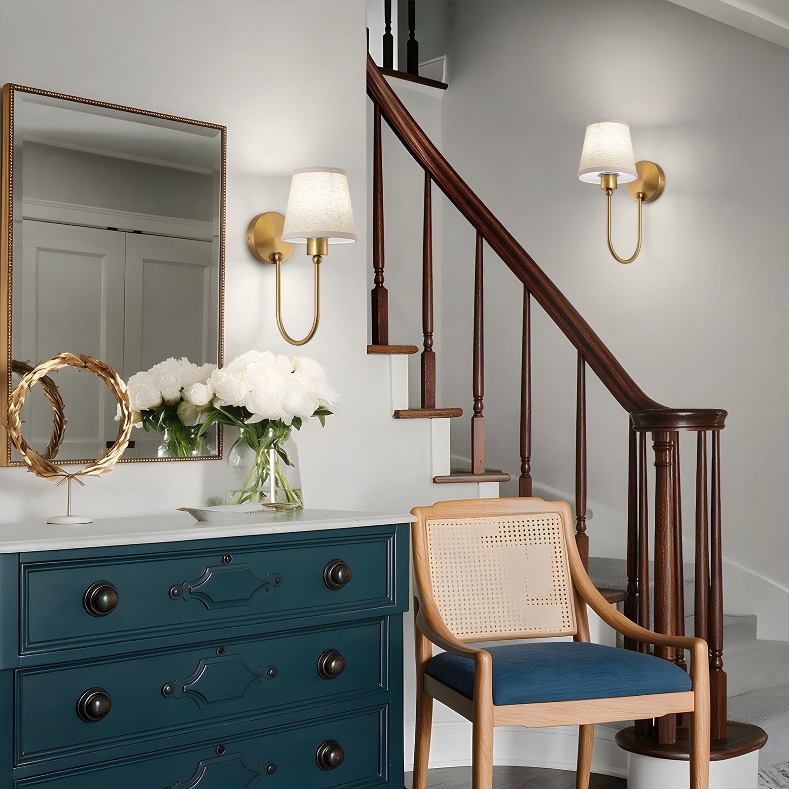 Nsleaiy Battery Operated Wall Sconces, Rattan Sconce Gold