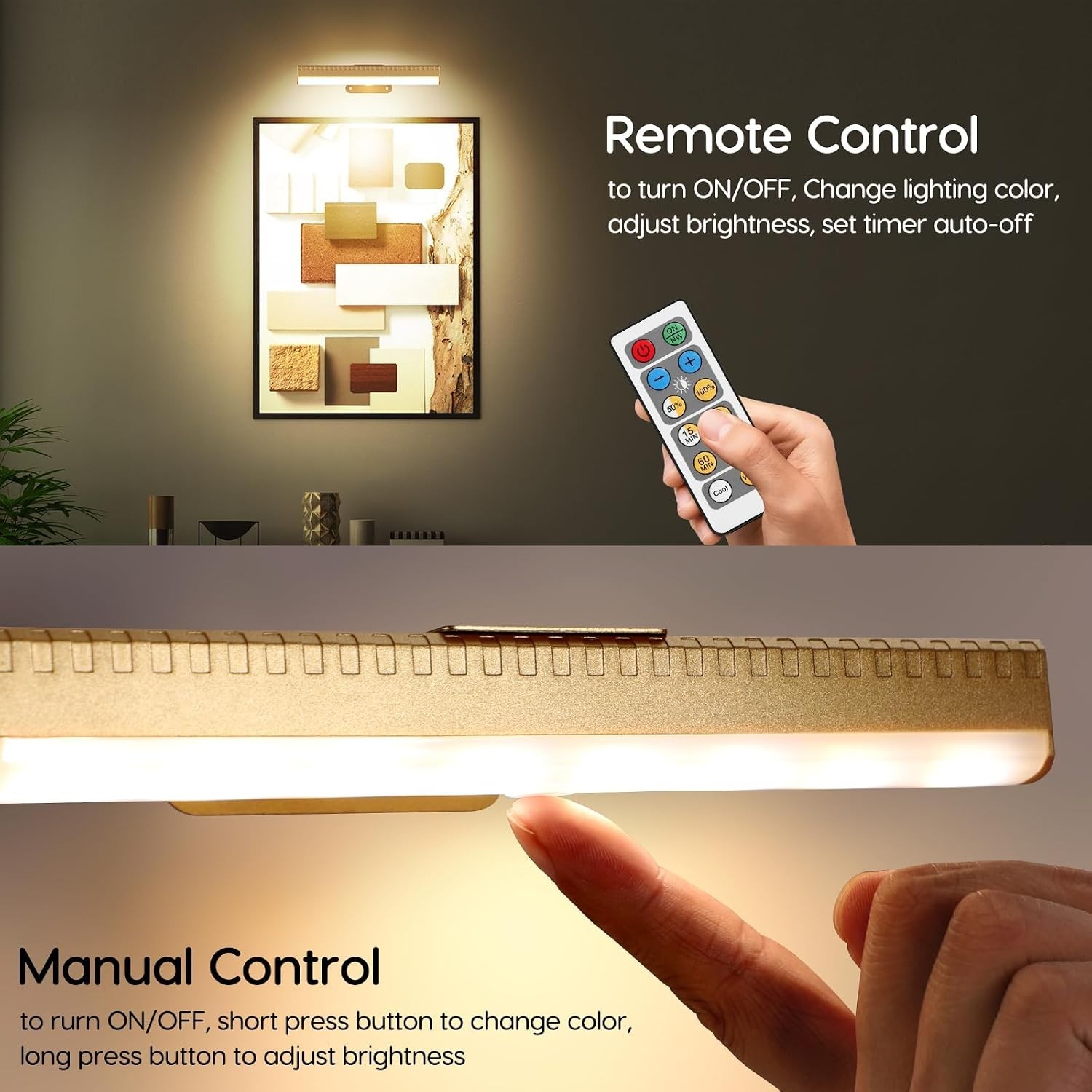 Elegant Gold Picture Light Set – Dimmable, Remote Control with Timer Function