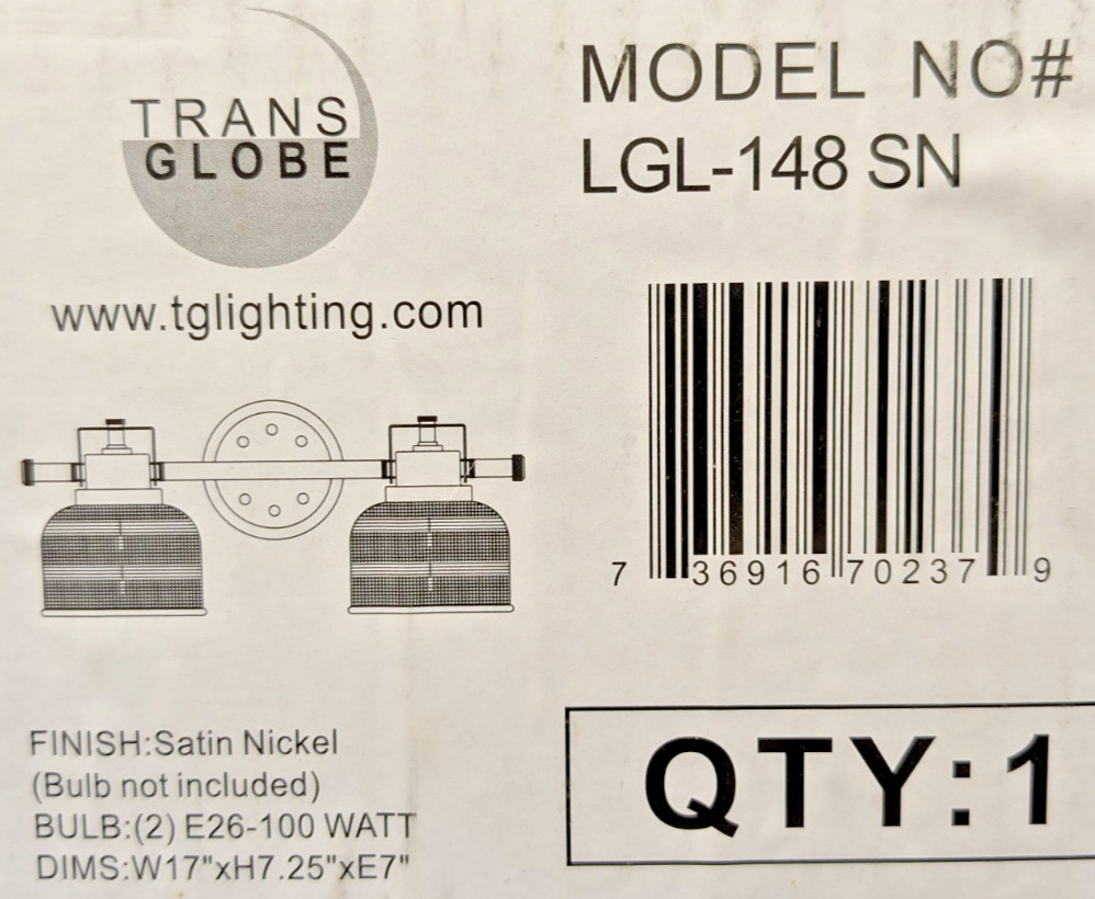 TRANS GLOBE LIGHTING 2-LIGHT VANITY WALL LIGHT FIXTURE SATIN NICKEL CLEAR GLASS