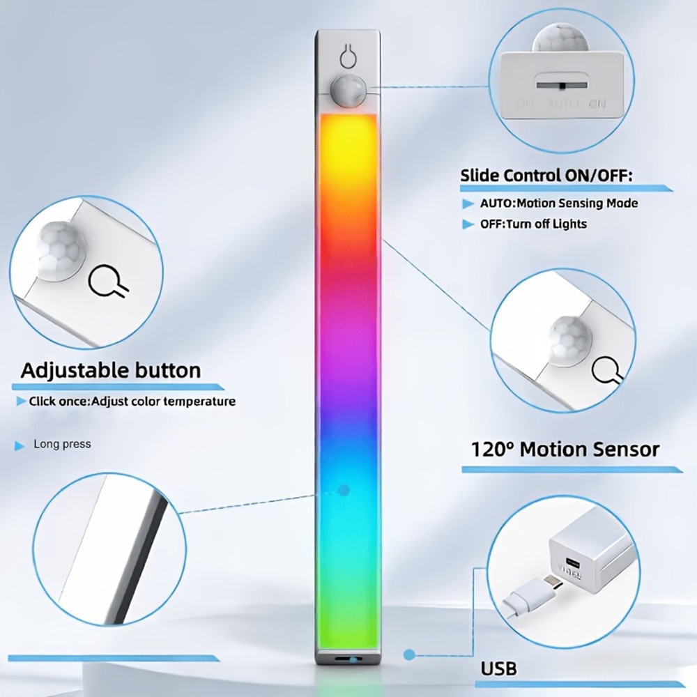 2Pack LED Motion Sensor Lighting Bar, Under Cabinet Light RGB Color Lamps 50CM