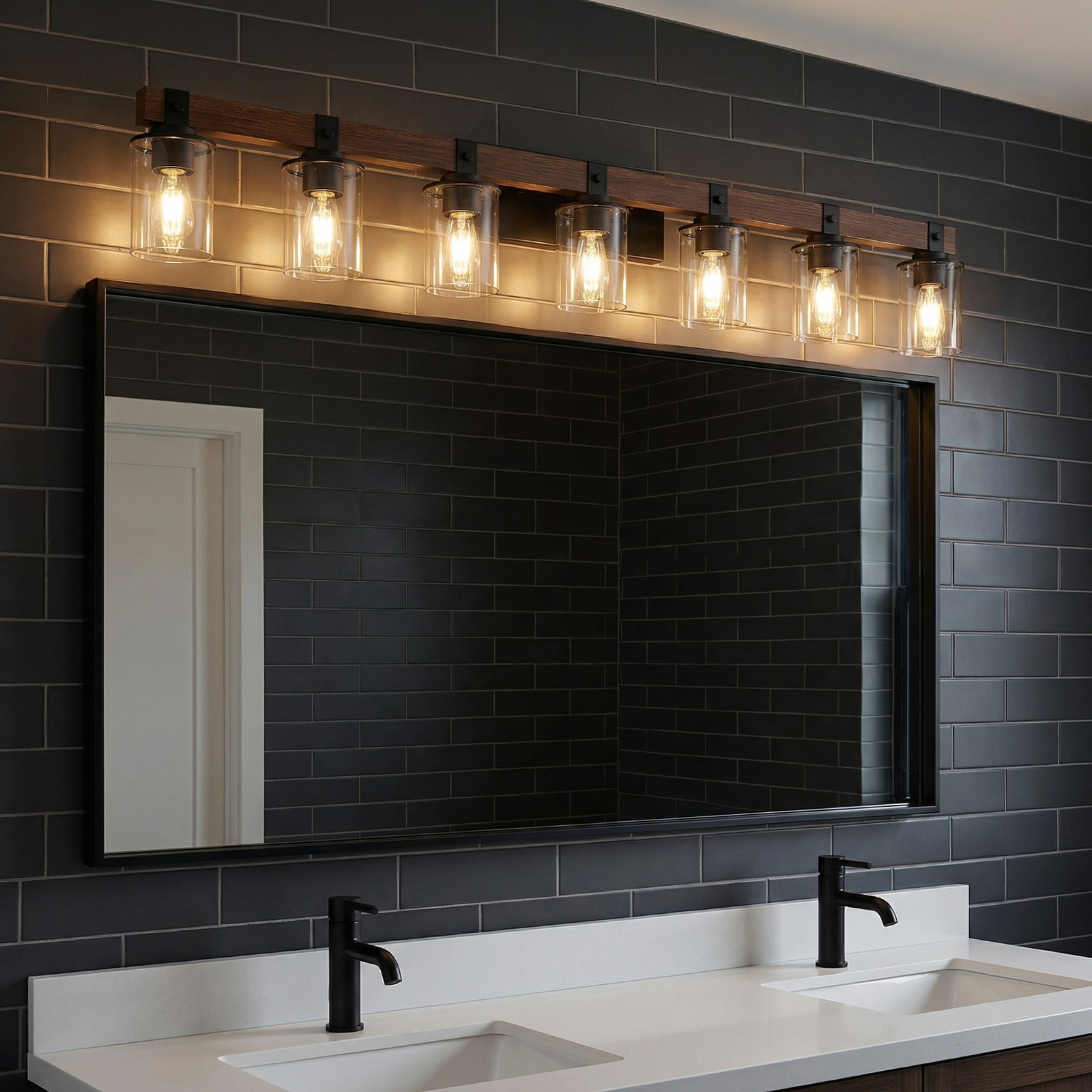 50» Vanity Light LED 7 Lights Glass Shade Wood for Bathroom Mirror Wall Fixture
