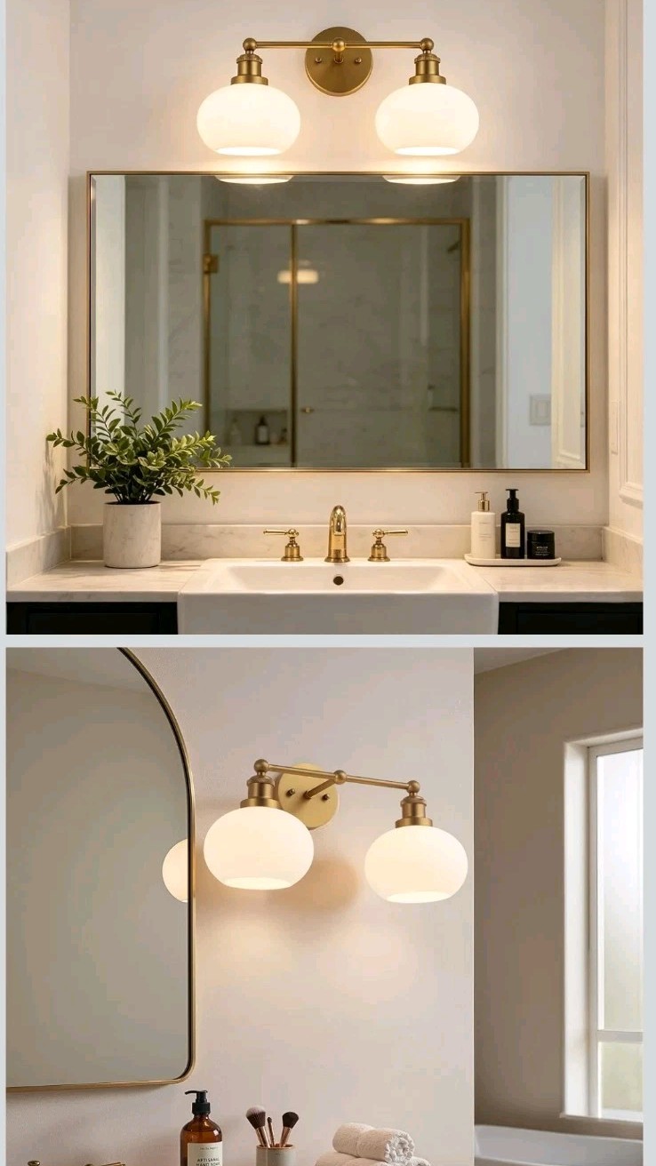 Antique Brass 2 Light Vintage Hardwired Round Milk Glass Wall Sconce Modern