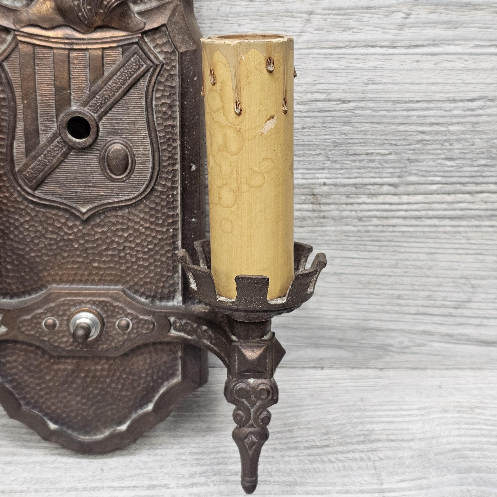 Vintage Markel Cast Iron Gothic Wall Sconce Double Candle Light Bronze P596